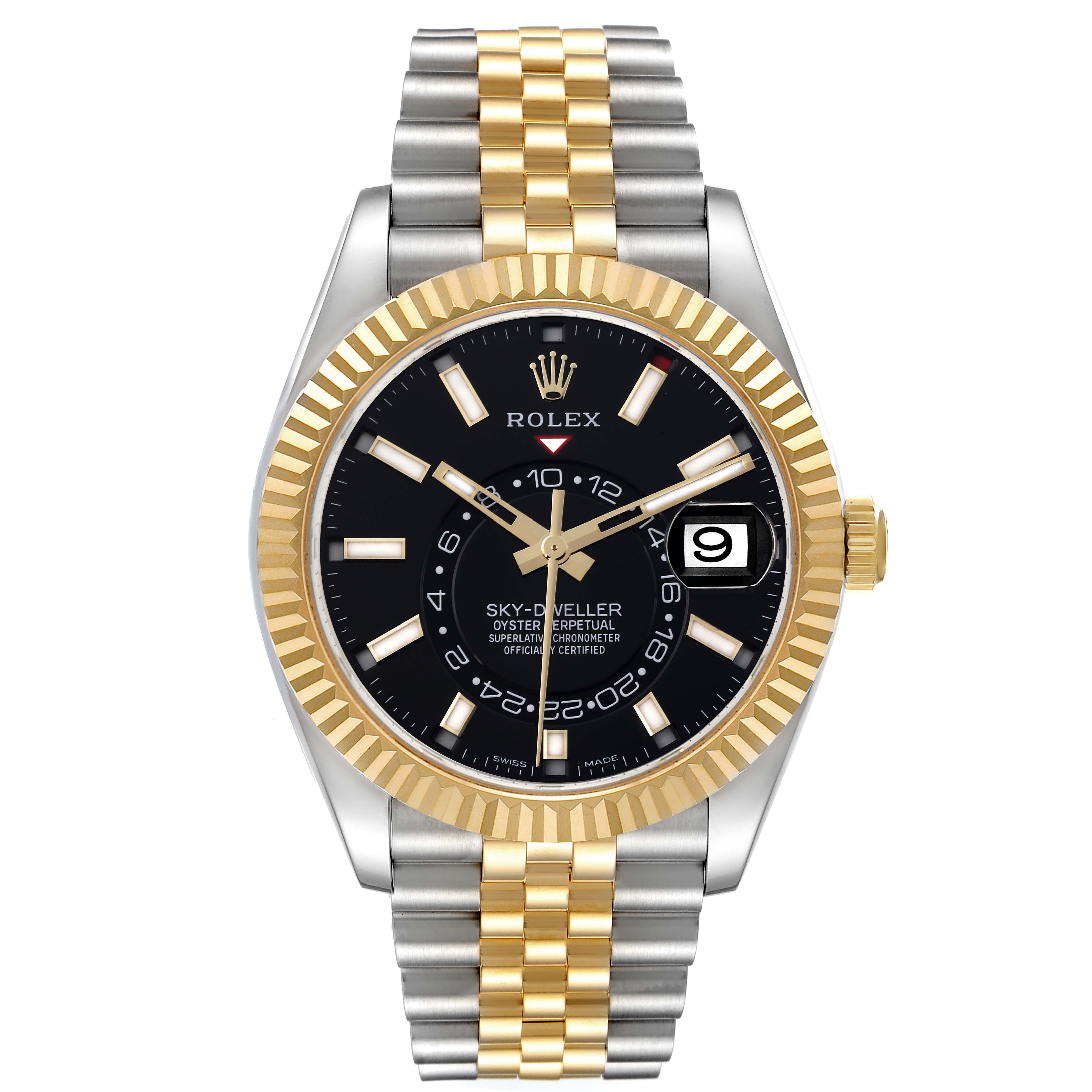 The Rolex Sky-Dweller 326933 Men
s Steel and Gold (two tone) Black Dial 326933 Men
s Steel and Gold (two tone) Black Dial watch is shown from the front, displaying its face, bezel, and bracelet.