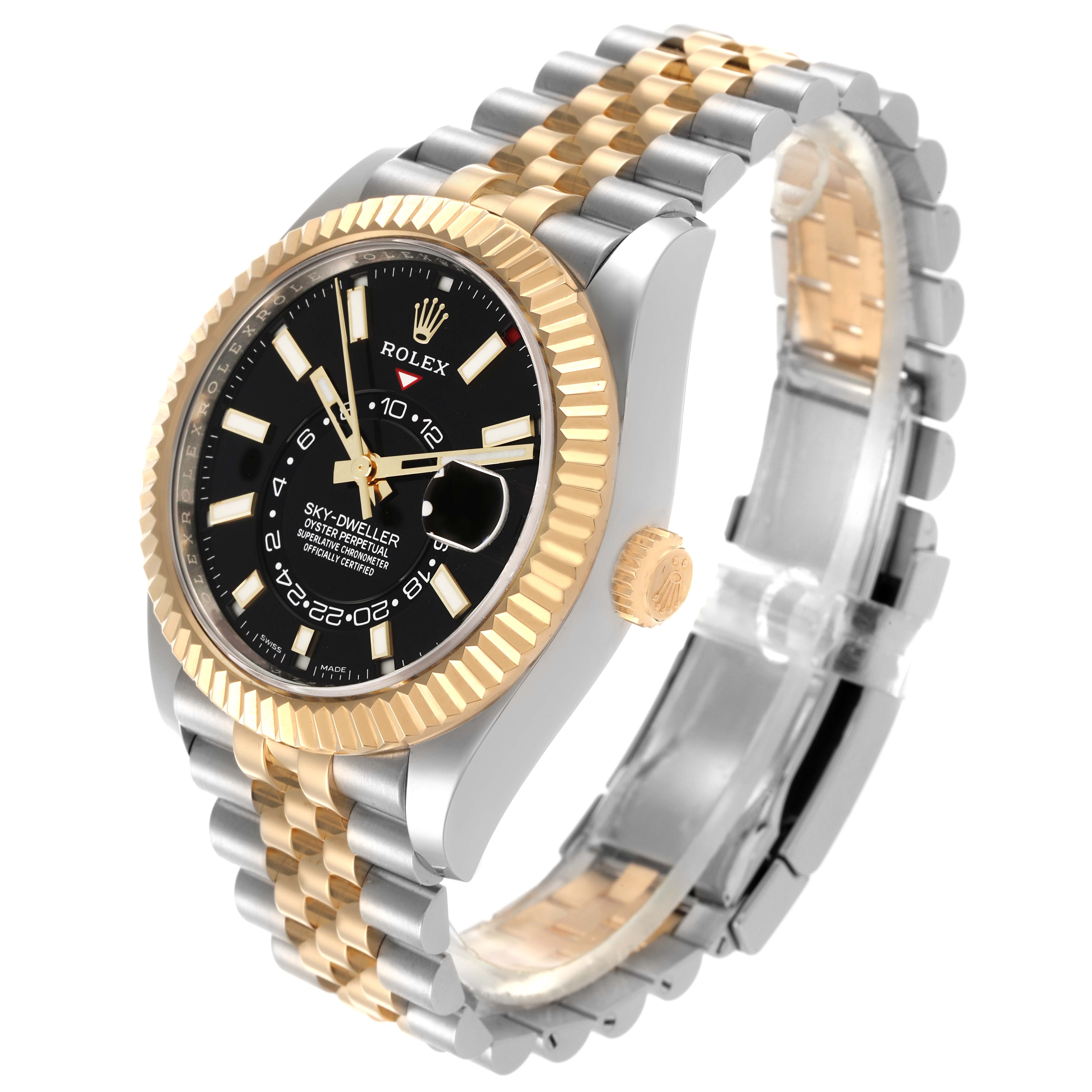 The Rolex Sky-Dweller 326933 Men
s Steel and Gold (two tone) Black Dial 326933 Men
s Steel and Gold (two tone) Black Dial is shown at a slight angle, highlighting the gold bezel, black dial, crown, and bi-metal bracelet.