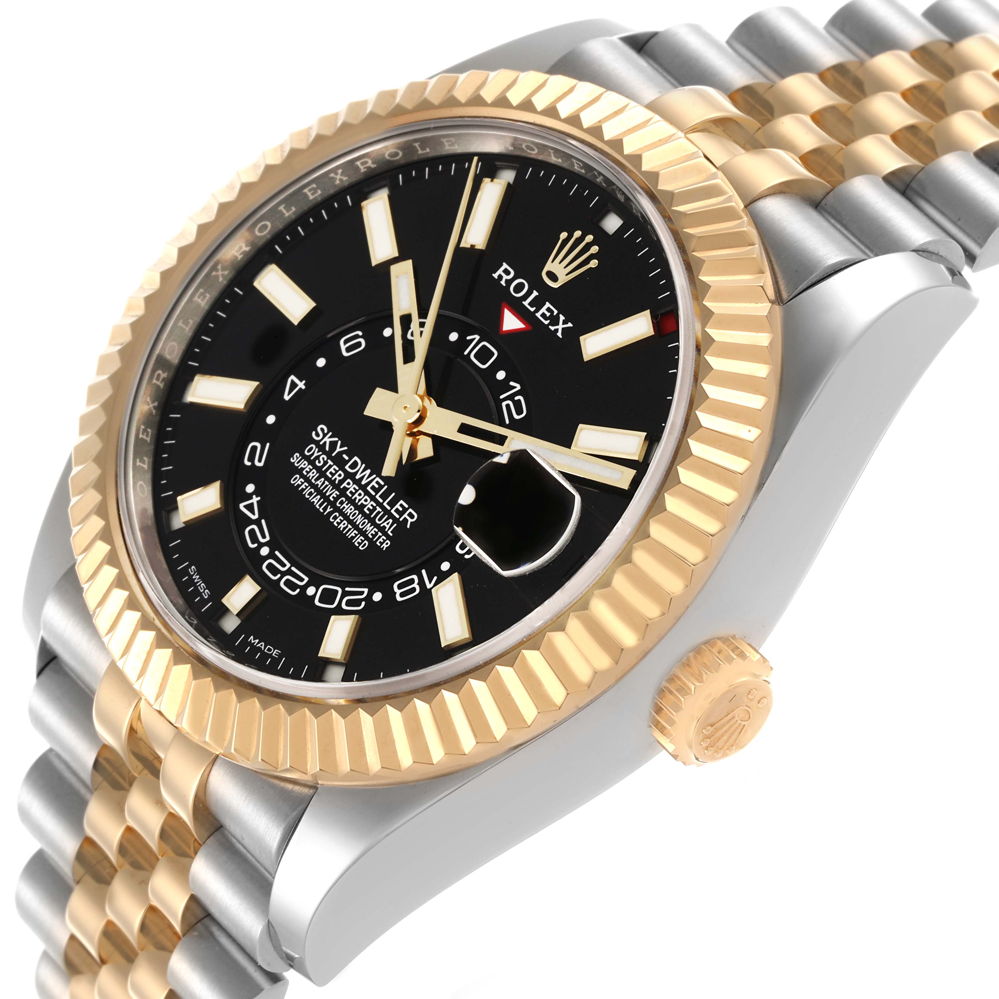The Rolex Sky-Dweller 326933 Men
s Steel and Gold (two tone) Black Dial 326933 Men
s Steel and Gold (two tone) Black Dial watch is shown at an angled view, highlighting the bezel, dial, crown, and part of the bracelet.
