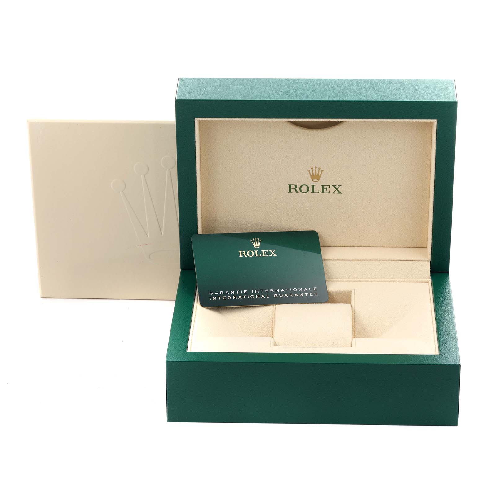 The image shows an open Rolex Sky-Dweller 326933 Men
s Steel and Gold (two tone) Black Dial 326933 Men
s Steel and Gold (two tone) Black Dial watch box with a warranty card inside.