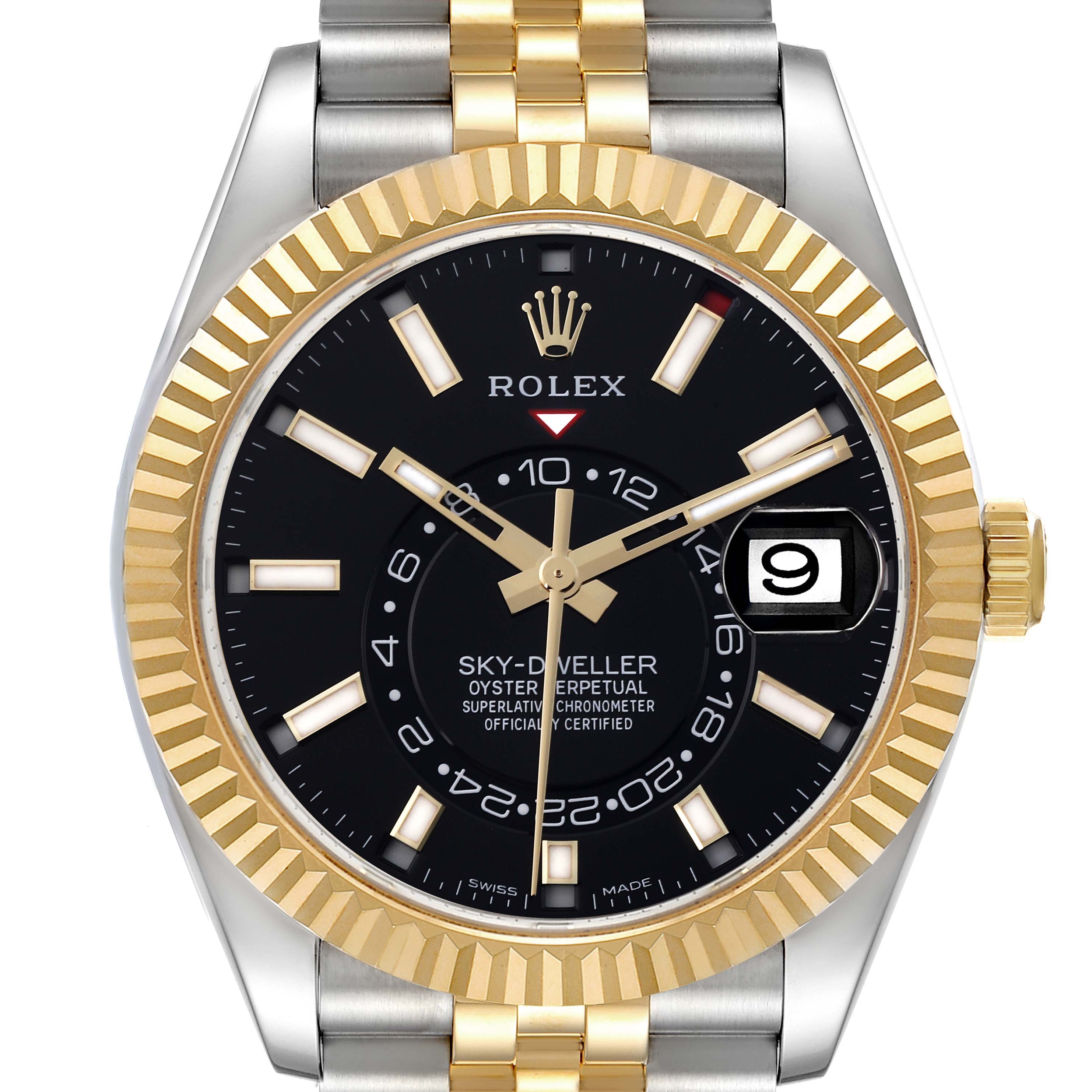 The Rolex Sky-Dweller 326933 Men
s Steel and Gold (two tone) Black Dial 326933 Men
s Steel and Gold (two tone) Black Dial watch is shown from the front, highlighting its black dial, gold fluted bezel, and two-tone bracelet.