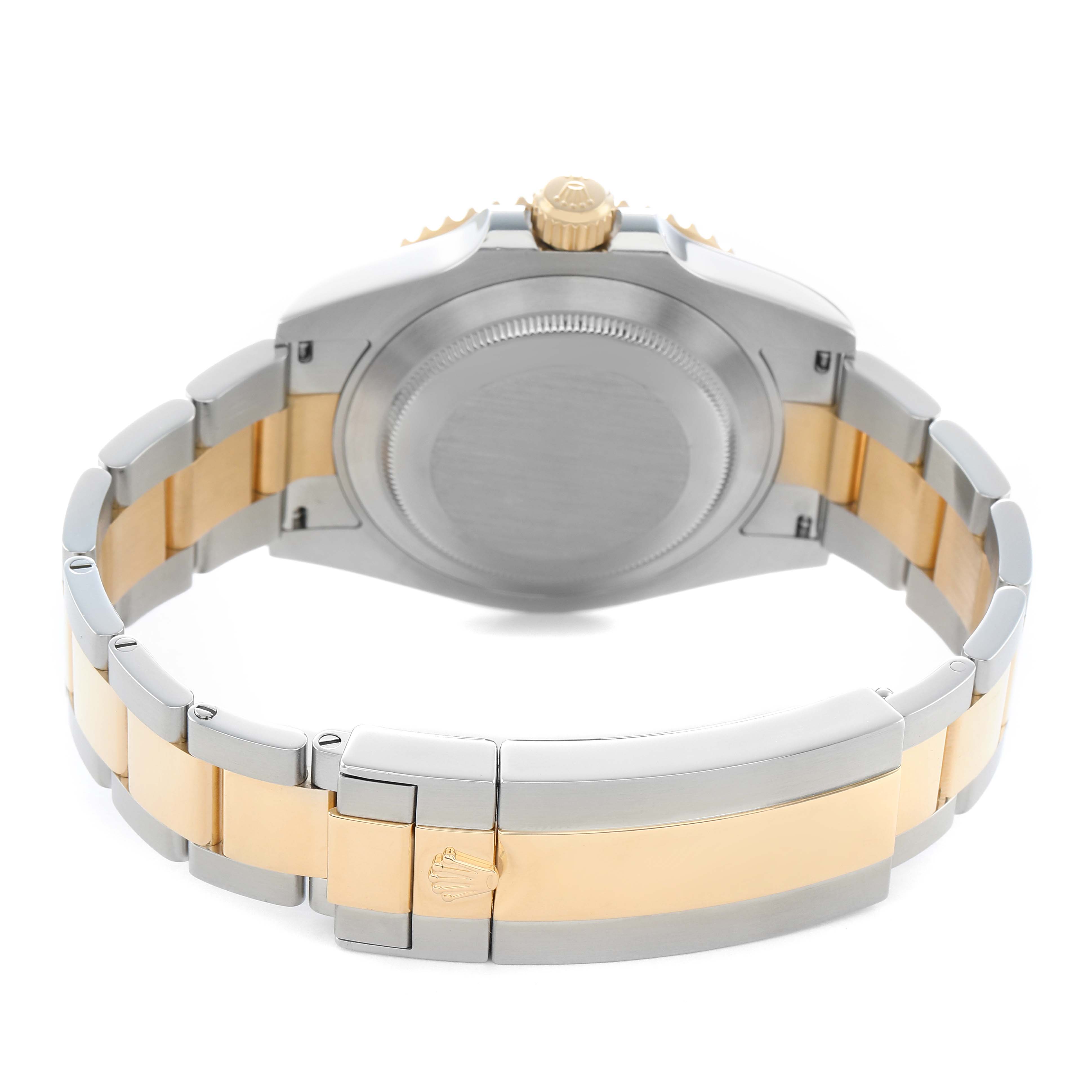 The Rolex Submariner 126613 Men's Steel and Gold (two tone) Blue Dial watch is shown from the back, highlighting the case back, bracelet, and clasp.