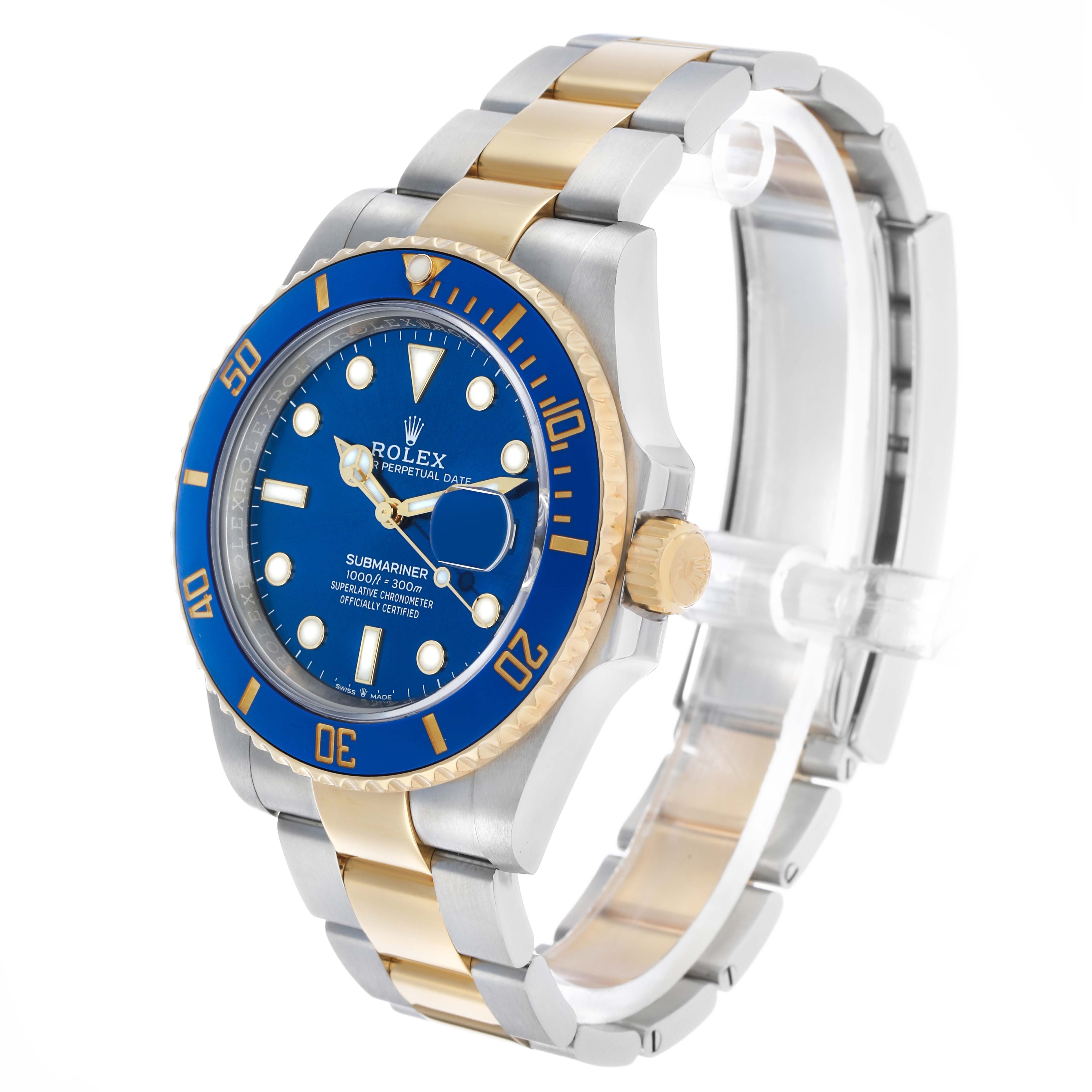 The Rolex Submariner 126613 Men's Steel and Gold (two tone) Blue Dial watch is shown at a side angle, highlighting the blue dial, bezel, and two-tone bracelet.
