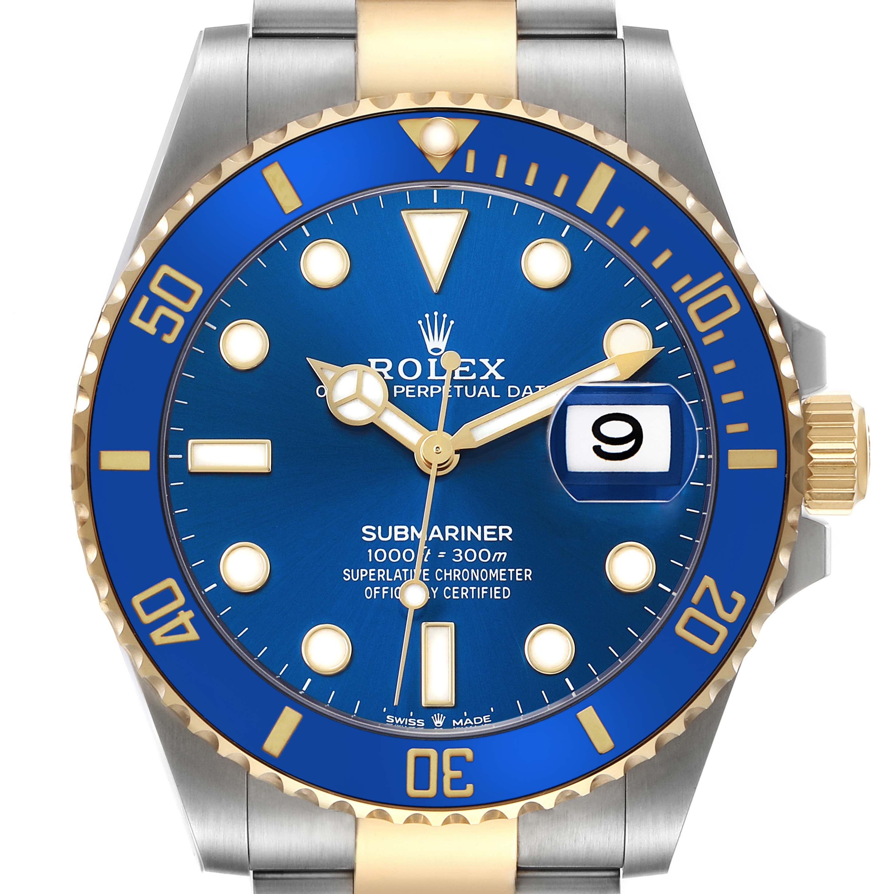 The image shows a front view of the Rolex Submariner 126613 Men's Steel and Gold (two tone) Blue Dial, highlighting its blue dial, bezel, crown, and part of the bracelet.
