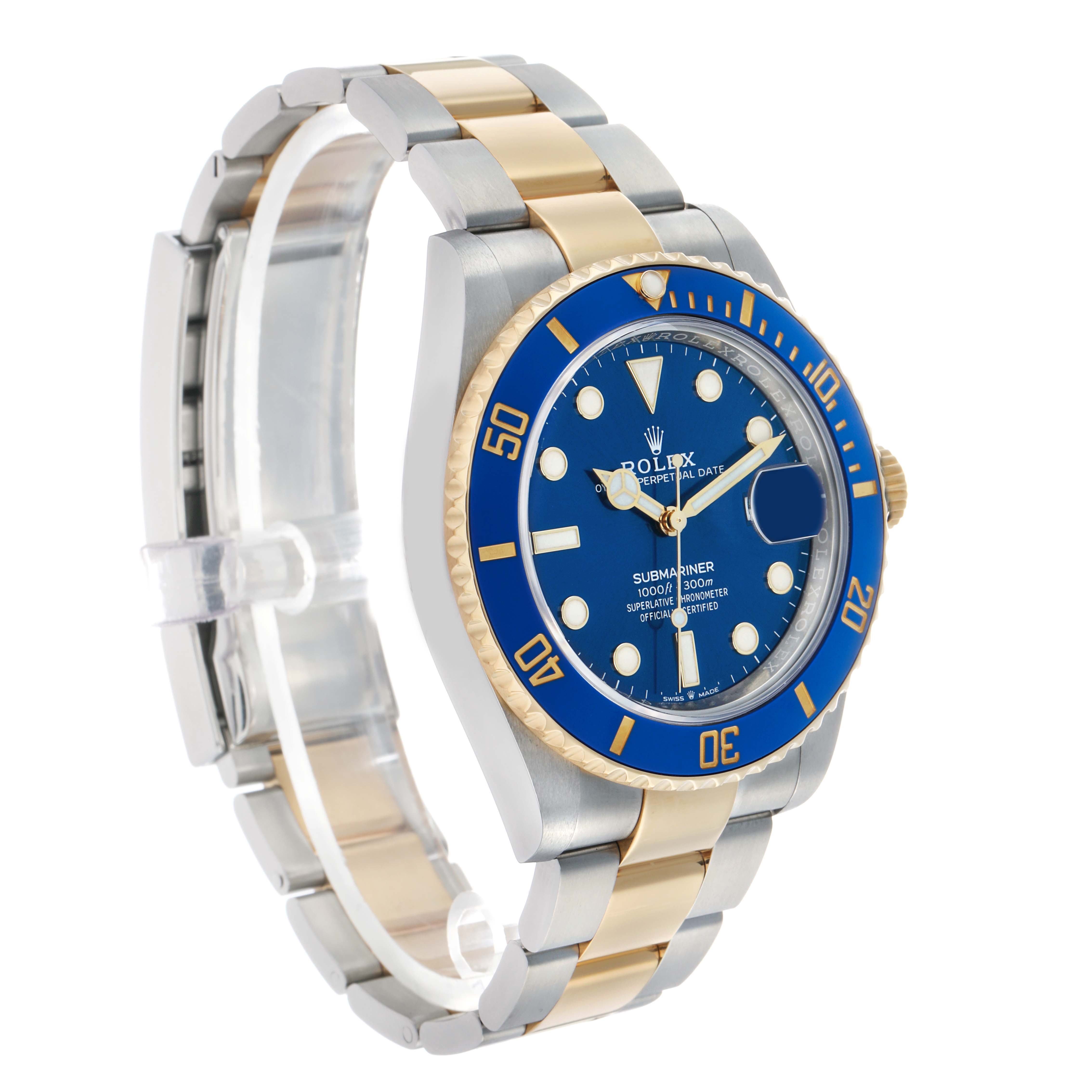 The image shows a side perspective of the Rolex Submariner 126613 Men's Steel and Gold (two tone) Blue Dial, highlighting its blue dial, two-tone bracelet, bezel, and crown.