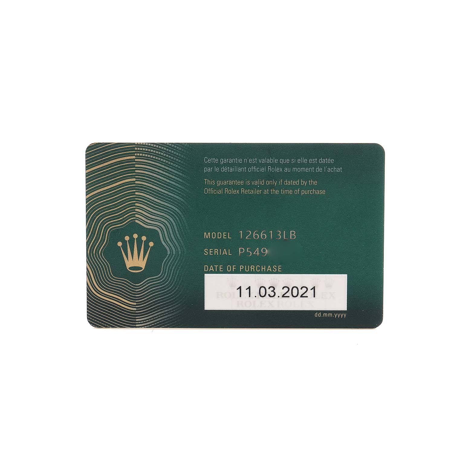 The image shows a warranty card for a Rolex Submariner 126613 Men's Steel and Gold (two tone) Blue Dial model 126613LB, featuring the purchase date.