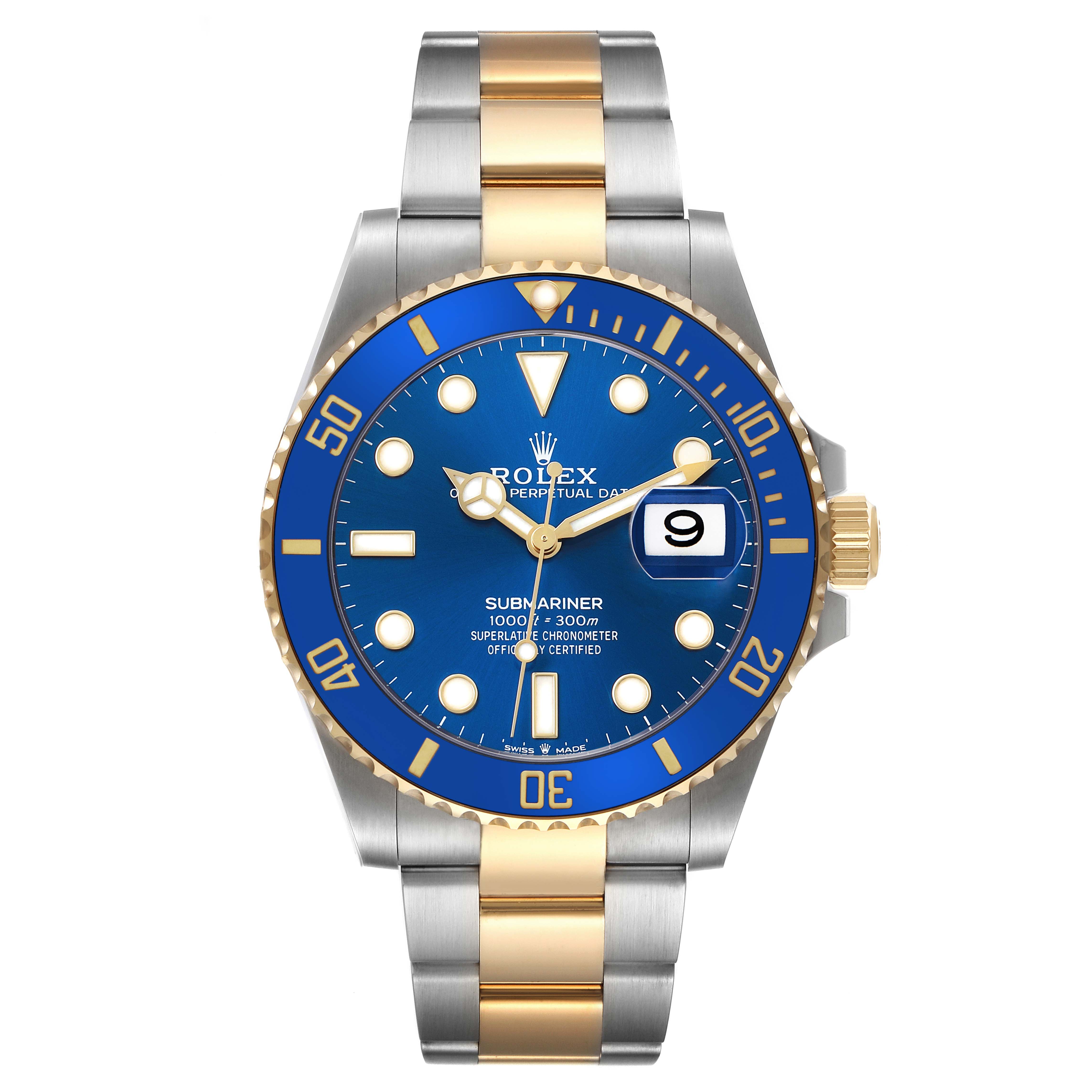 The Rolex Submariner 126613 Men's Steel and Gold (two tone) Blue Dial watch is shown from the front, displaying its blue dial, bezel, and two-tone bracelet.
