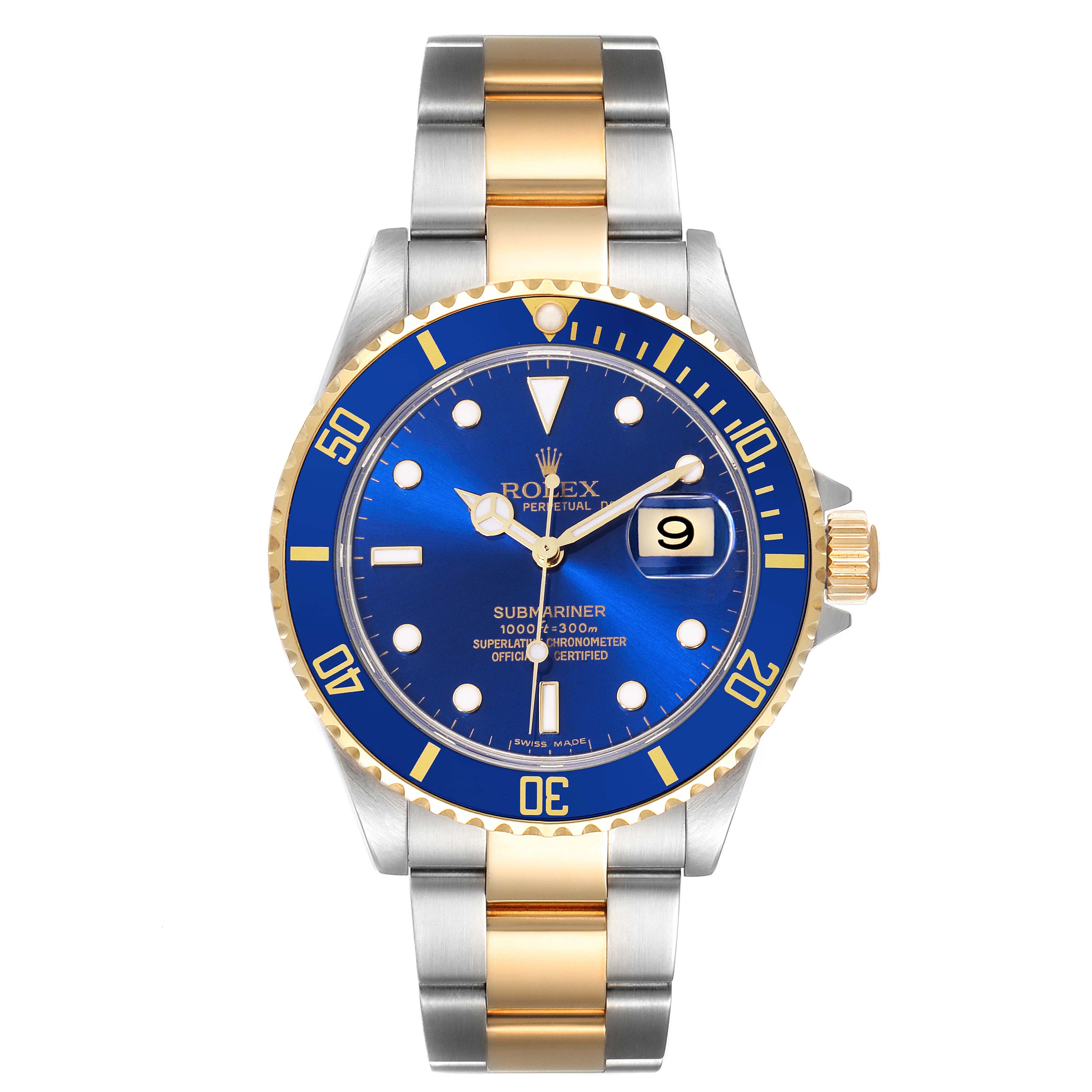 This is a frontal view of the Rolex Submariner 16613 Men's Steel and Gold (two tone) Blue Dial 16613 Men's Steel and Gold (two tone) Blue Dial watch, showcasing its blue dial, gold and silver bracelet, and date feature.