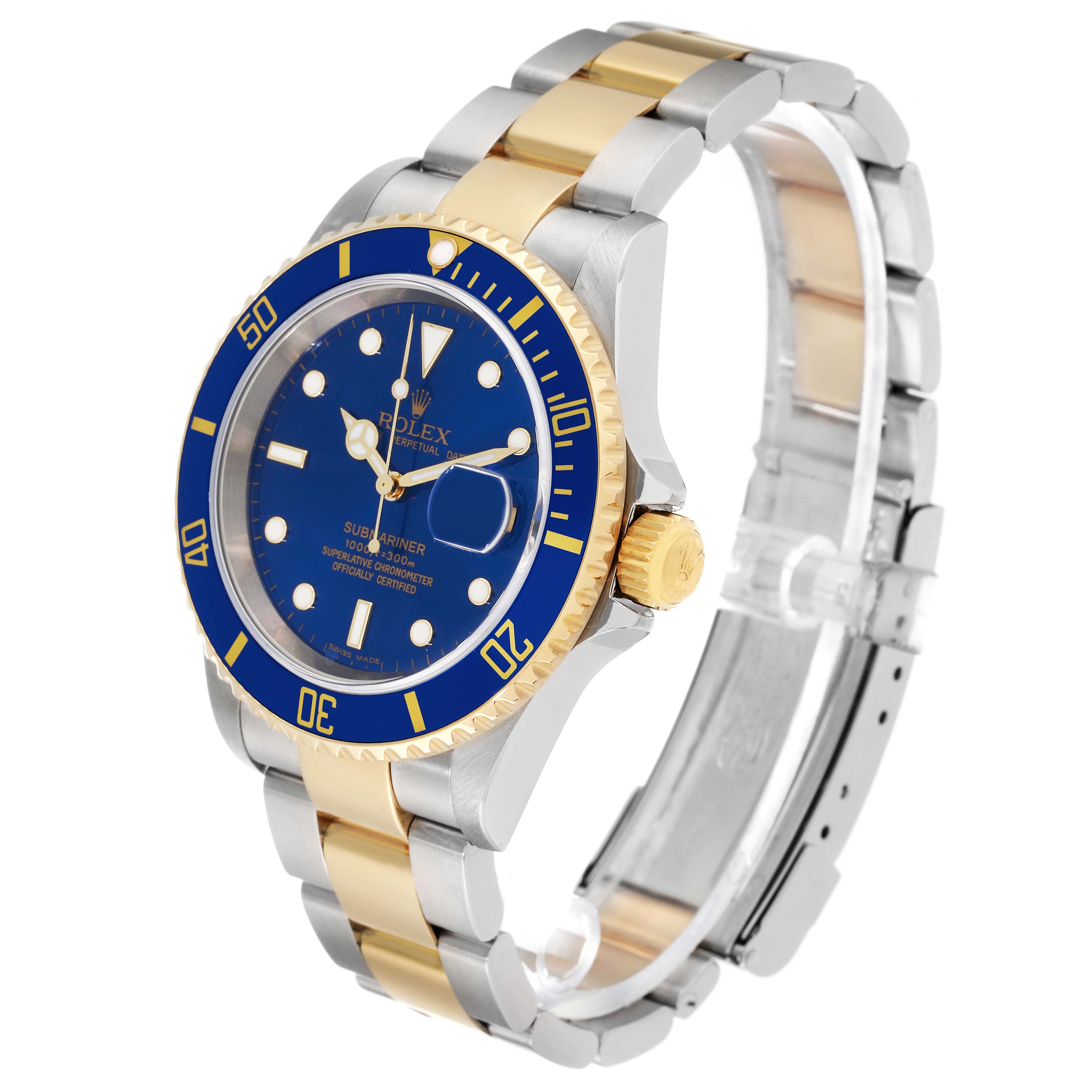 The image shows a side-angle view of the Rolex Submariner 16613 Men's Steel and Gold (two tone) Blue Dial 16613 Men's Steel and Gold (two tone) Blue Dial watch, displaying its blue dial, rotating bezel, and two-tone bracelet.