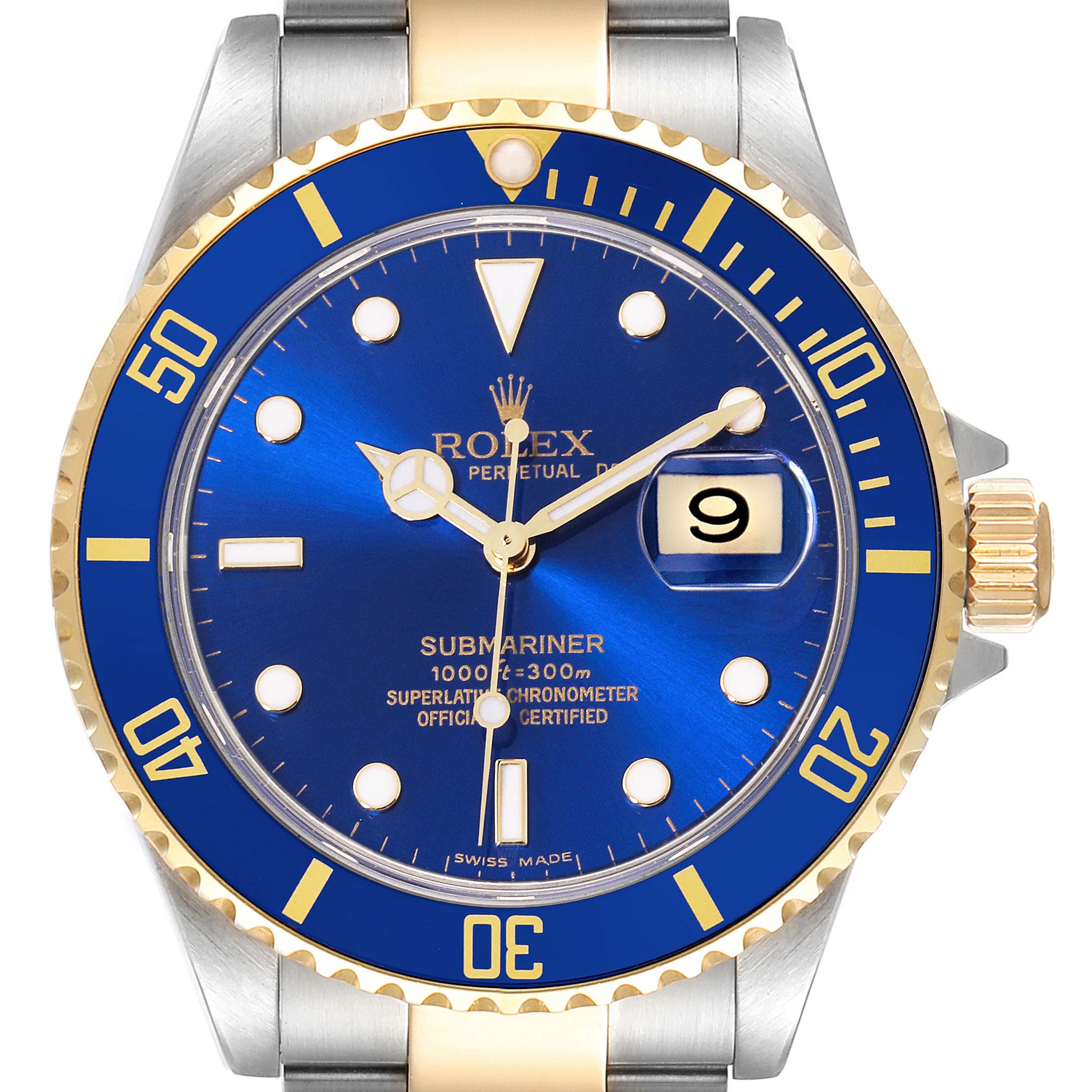 This image shows a front view of a Rolex Submariner 16613 Men's Steel and Gold (two tone) Blue Dial 16613 Men's Steel and Gold (two tone) Blue Dial watch, highlighting its blue dial, gold and silver bezel, and bracelet.
