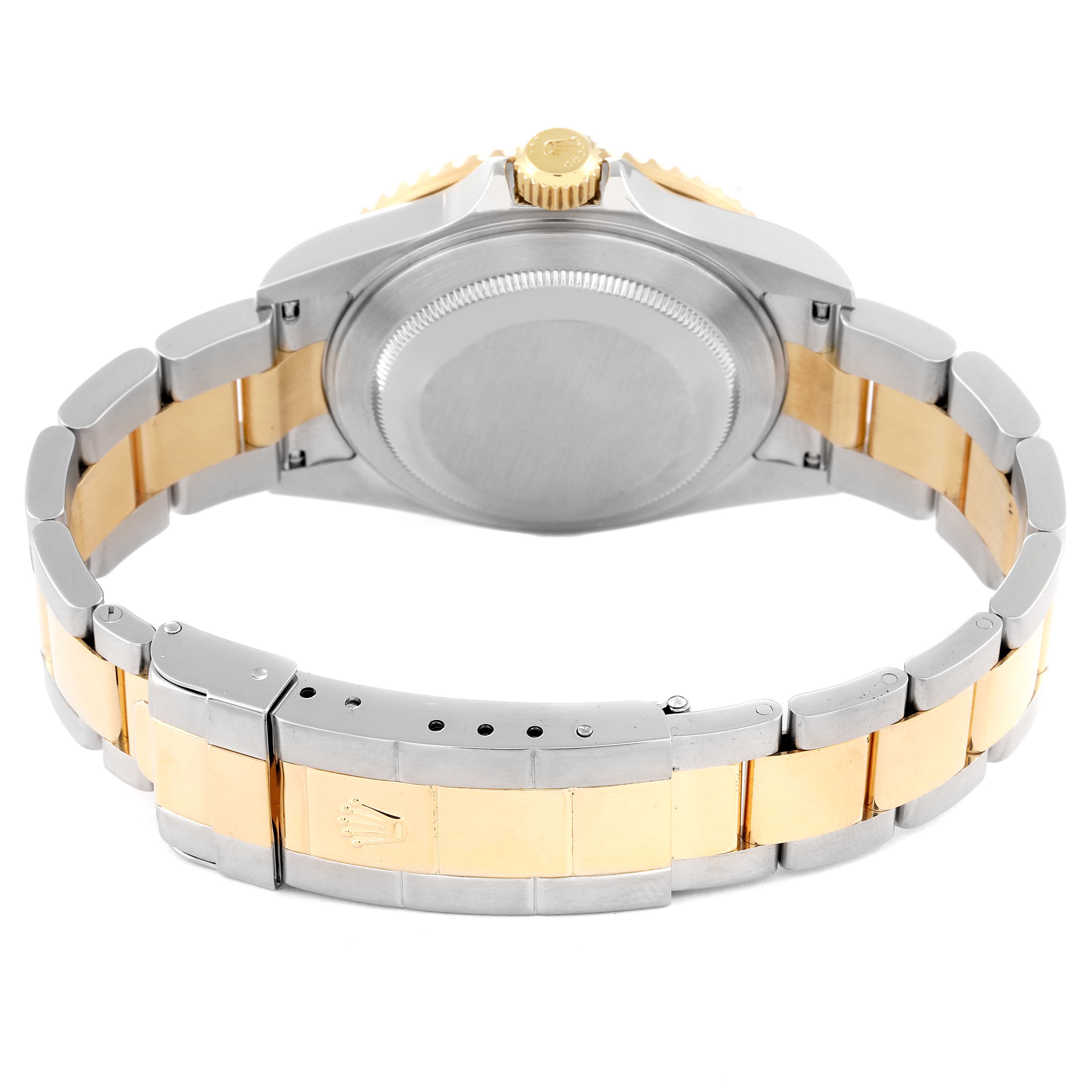 This image shows the back view and band of a Rolex Submariner 16613 Men's Steel and Gold (two tone) Blue Dial 16613 Men's Steel and Gold (two tone) Blue Dial watch, highlighting its two-tone bracelet and clasp.