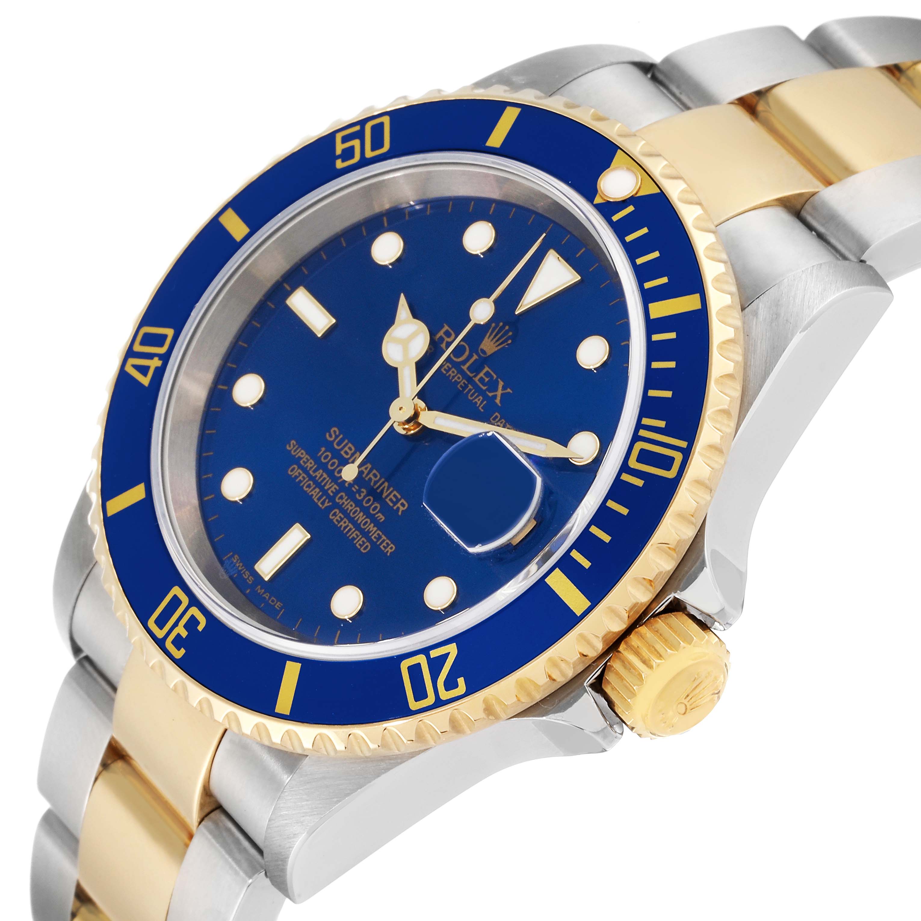 This image shows a close-up side angle of a Rolex Submariner 16613 Men's Steel and Gold (two tone) Blue Dial 16613 Men's Steel and Gold (two tone) Blue Dial watch, highlighting its dial, bezel, and two-tone bracelet.