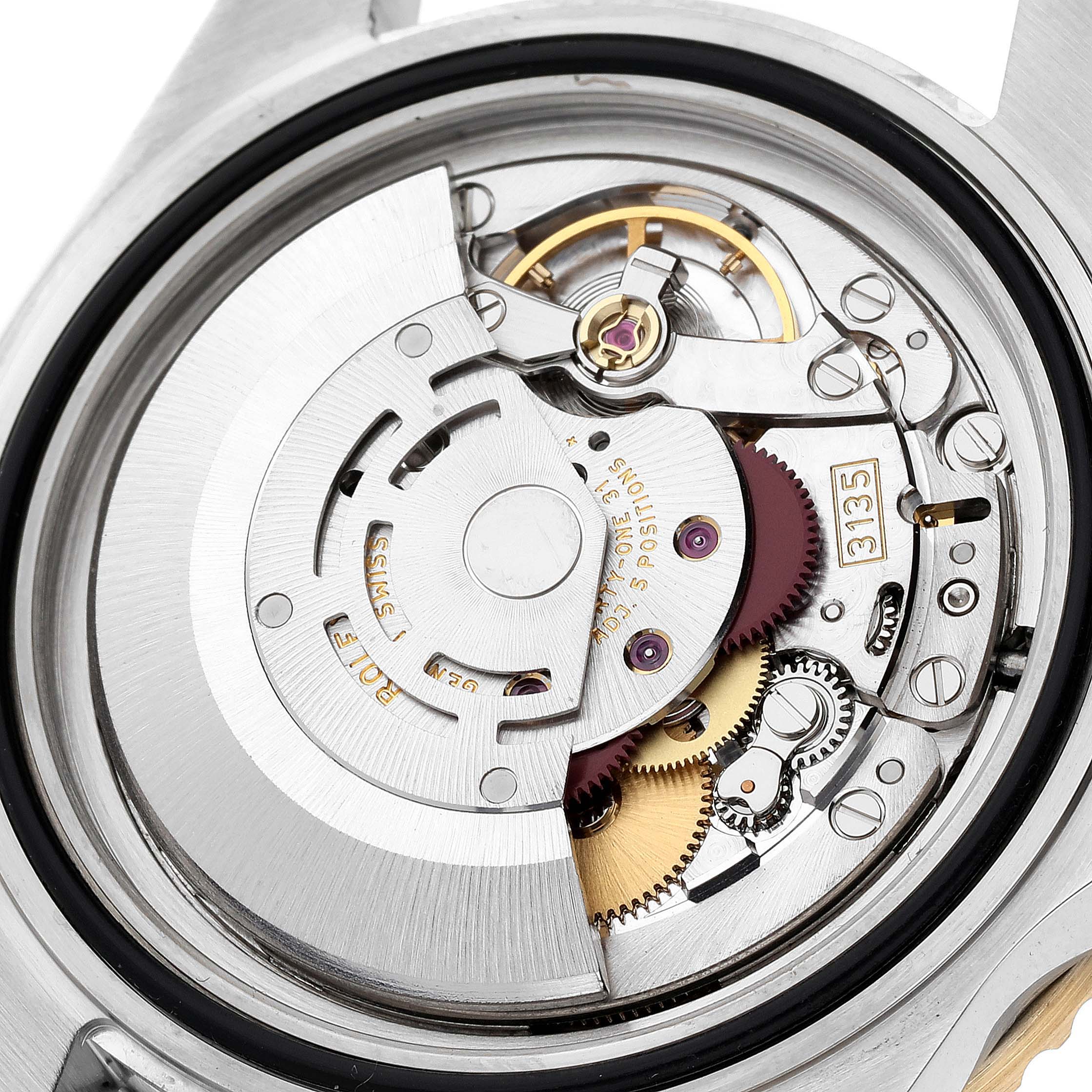 This image shows the internal mechanical movement of a Rolex Submariner 16613 Men's Steel and Gold (two tone) Blue Dial 16613 Men's Steel and Gold (two tone) Blue Dial watch, viewed from the back with the case removed.