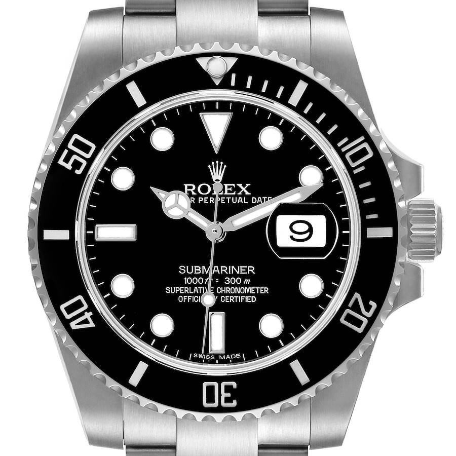 The Rolex Submariner watch is shown from the front with a clear view of the dial, bezel, and crown.