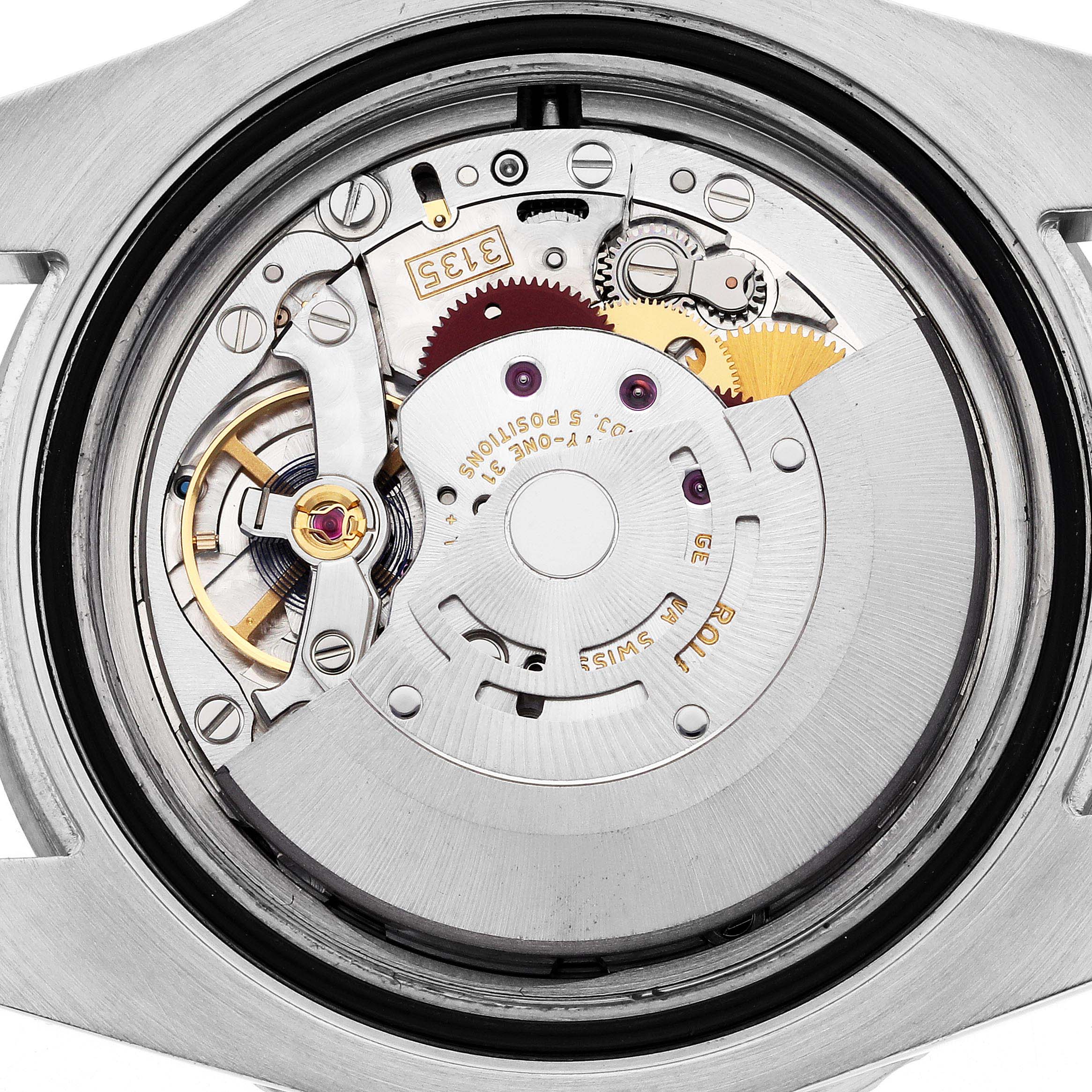 The image shows the Rolex Submariner 116610 Men
s Stainless Steel Black Dial 116610 Men
s Stainless Steel Black Dial
s movement from a top-down angle, highlighting its intricate inner mechanism.