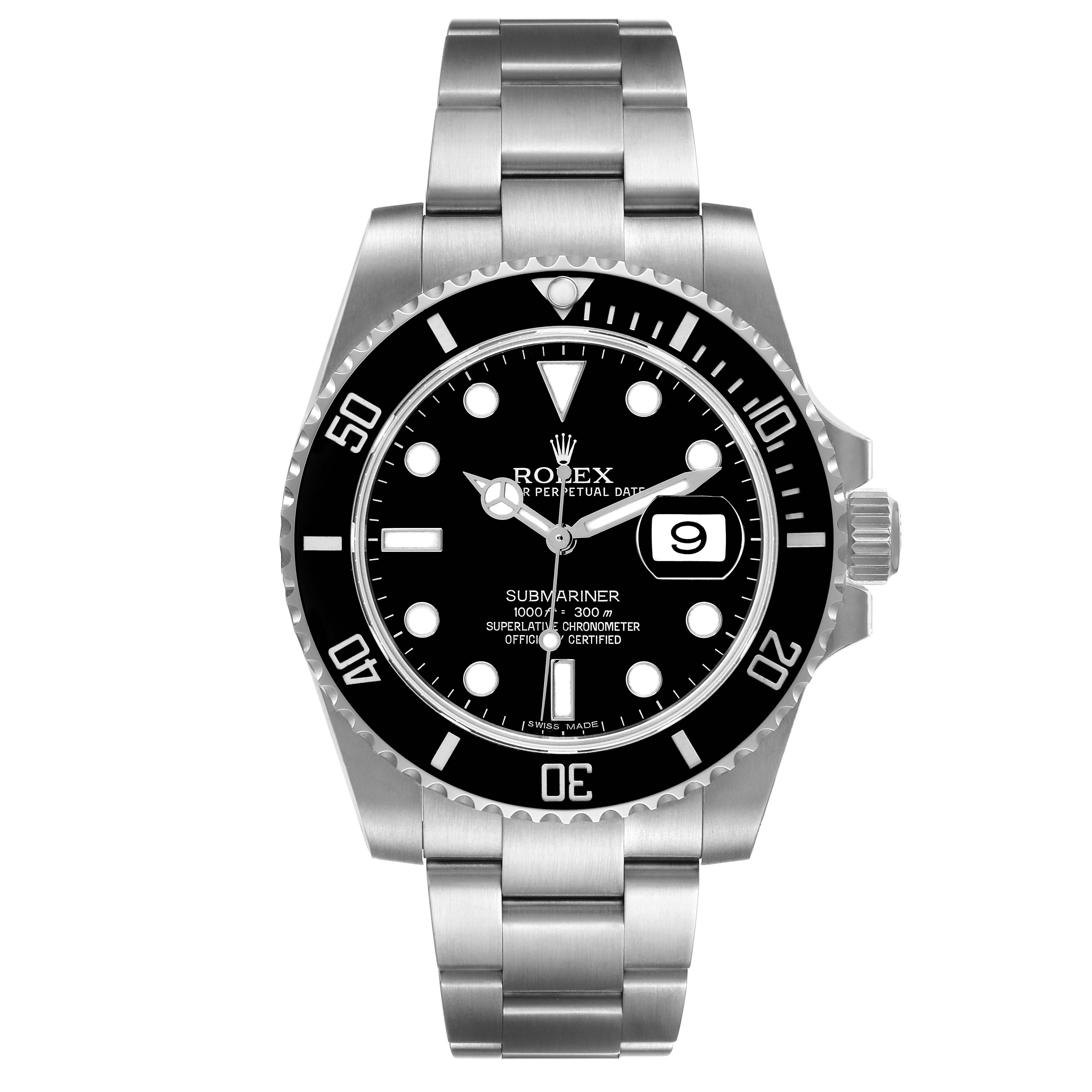 The Rolex Submariner 116610 Men
s Stainless Steel Black Dial 116610 Men
s Stainless Steel Black Dial watch is shown from the front, displaying its face, bezel, crown, and bracelet.
