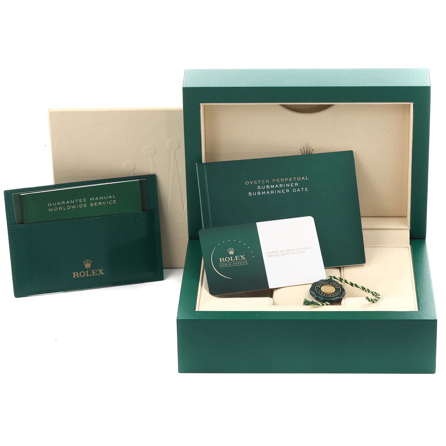 The image shows the packaging and documentation for a Rolex Submariner 116610 Men
s Stainless Steel Black Dial 116610 Men
s Stainless Steel Black Dial, including the box, manuals, and tag.