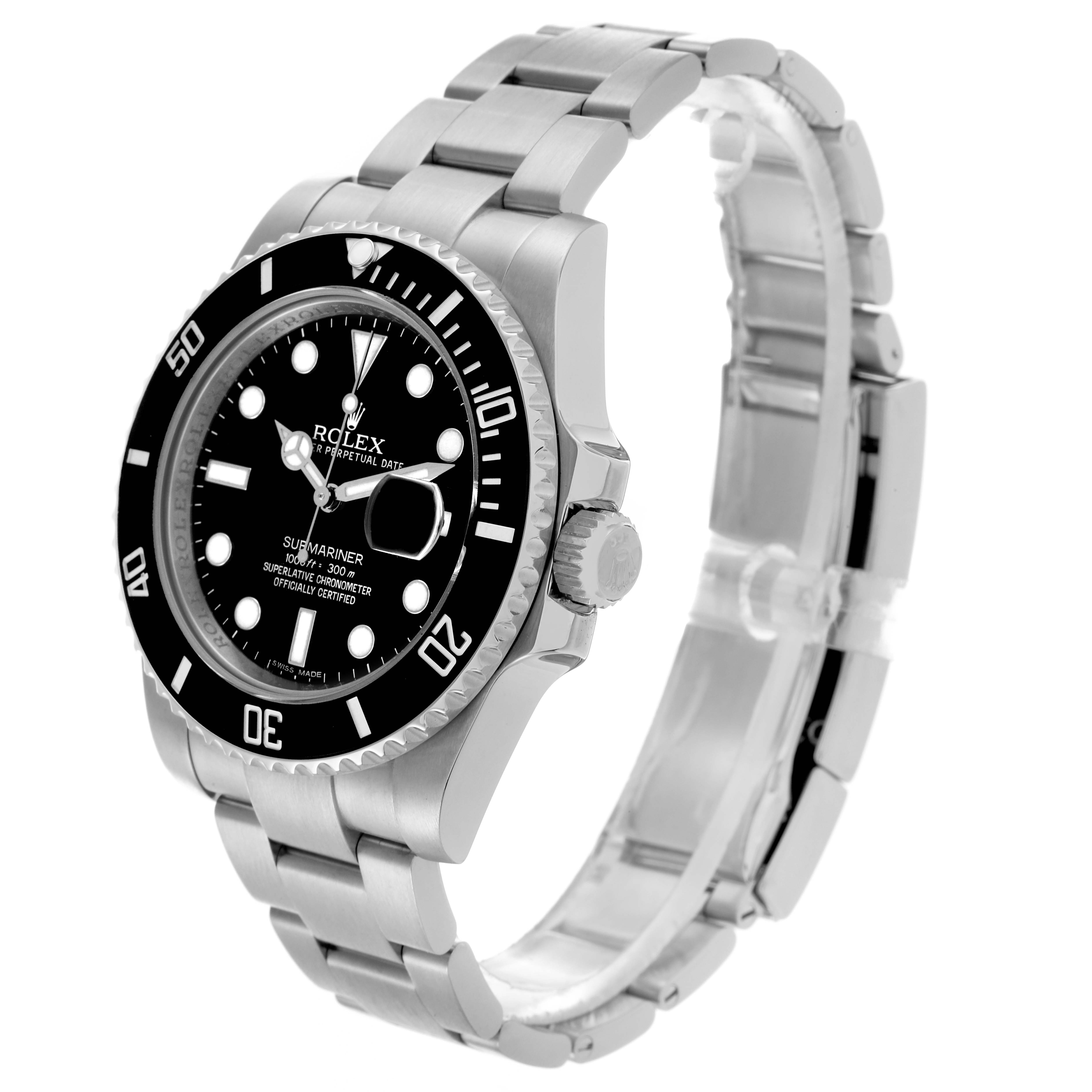 The image shows a side angle of the Rolex Submariner 116610 Men
s Stainless Steel Black Dial 116610 Men
s Stainless Steel Black Dial, highlighting its face, bezel, crown, and bracelet.