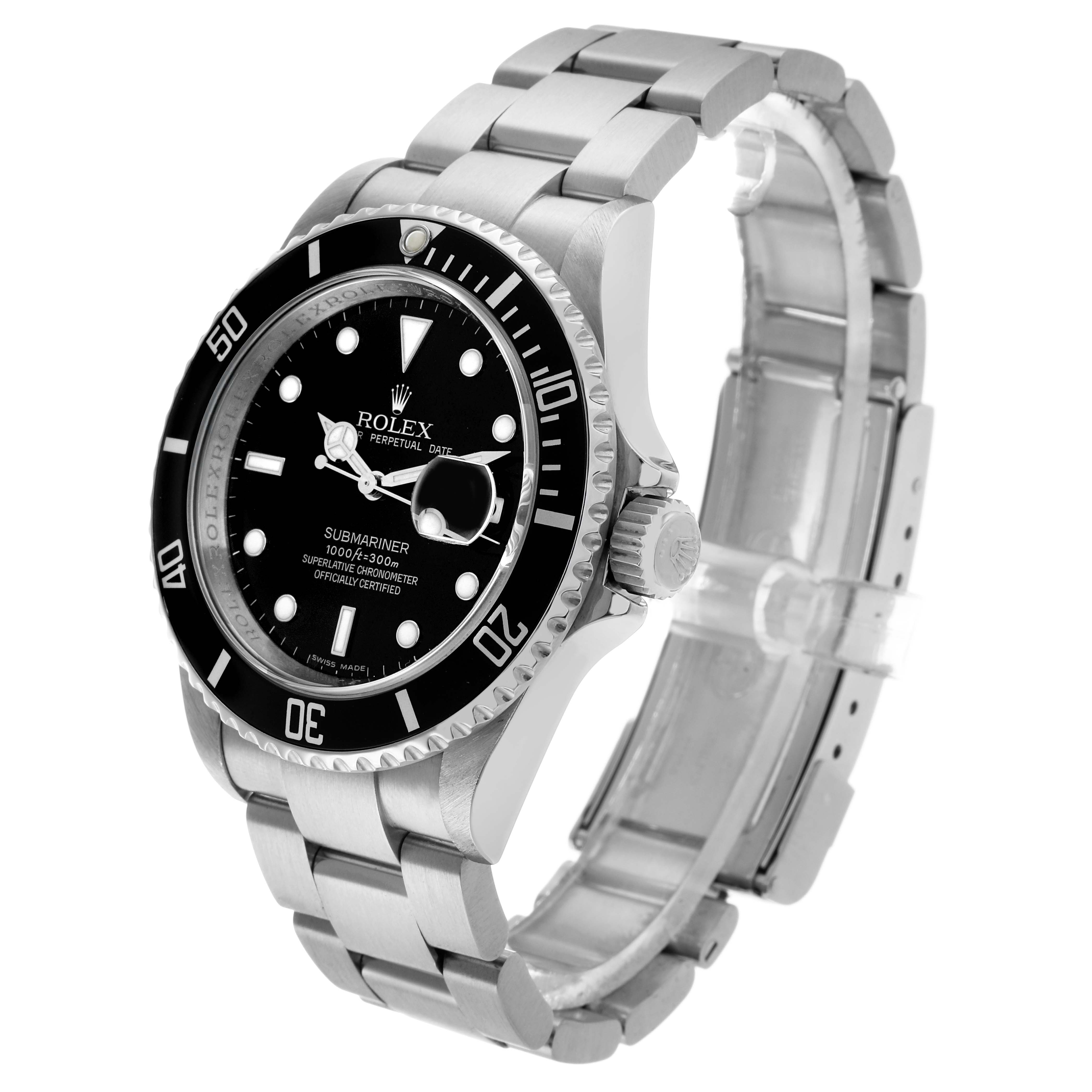 The Rolex Submariner 16610 Men's Stainless Steel Black Dial watch is shown at a three-quarter angle, highlighting the dial, bezel, crown, and bracelet.