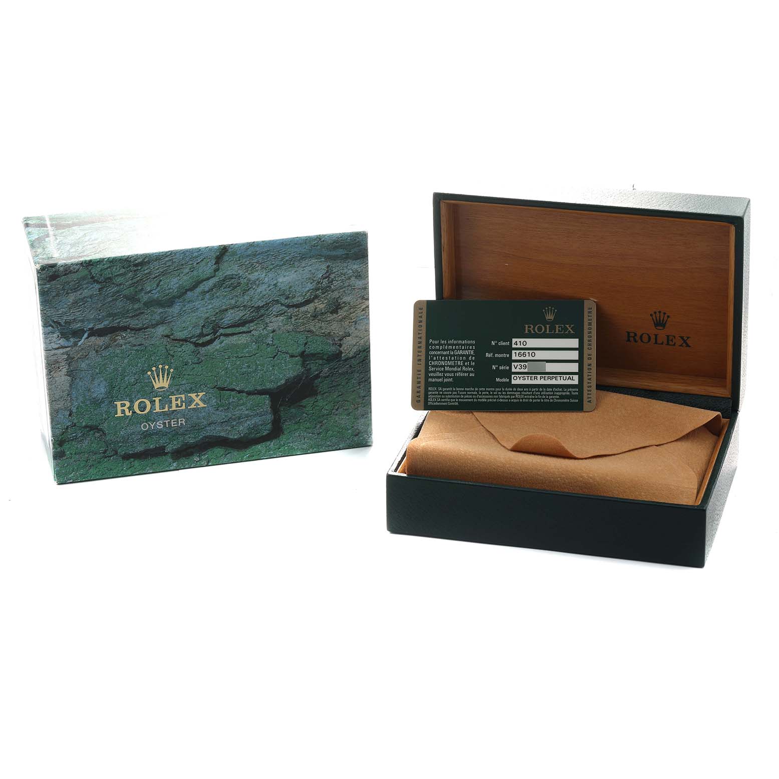 The image shows a Rolex Submariner 16610 Men's Stainless Steel Black Dial watch box, a warranty card, and the outer packaging from a front angle.