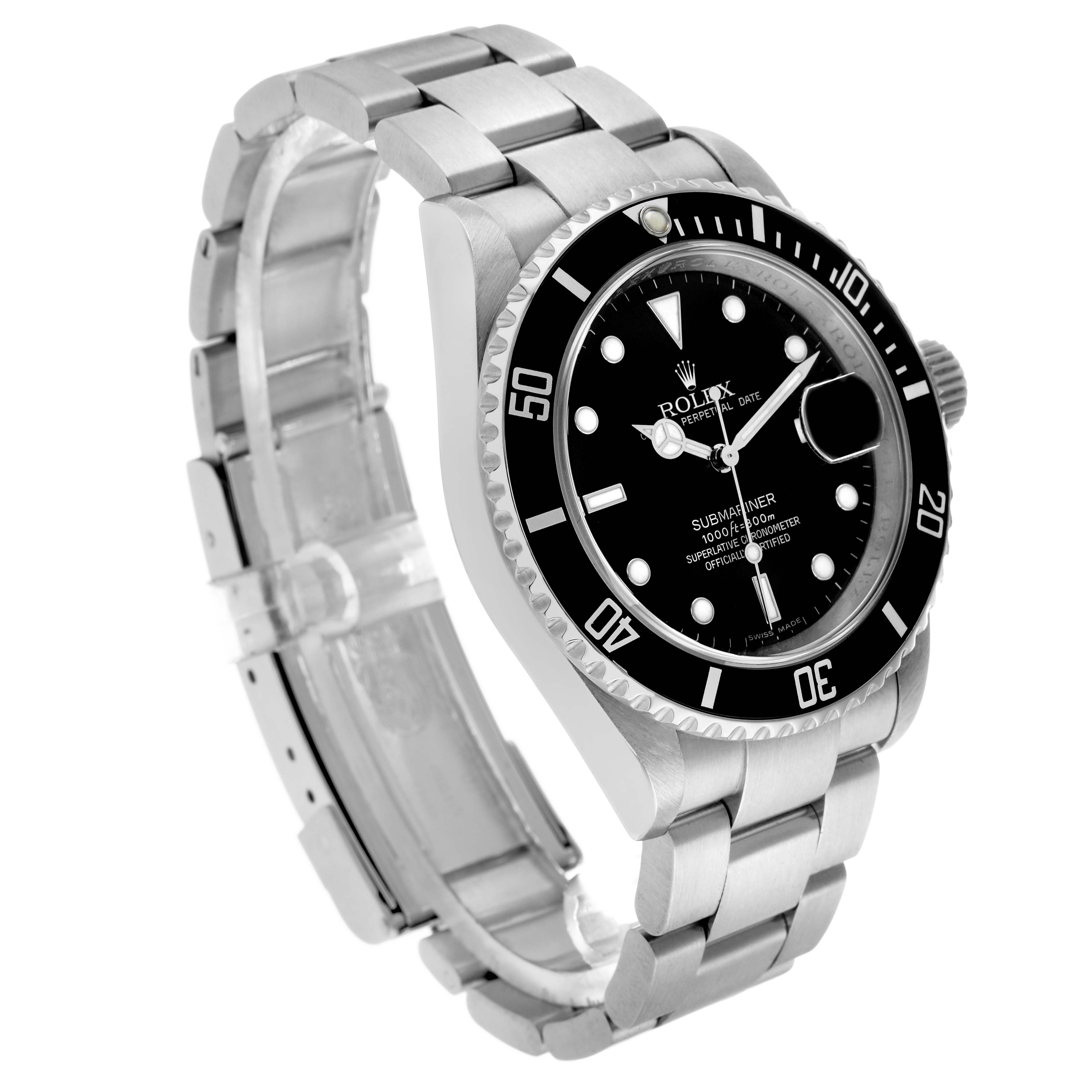 The Rolex Submariner 16610 Men's Stainless Steel Black Dial watch is shown at an angled view, highlighting the bezel, dial, crown, and bracelet.
