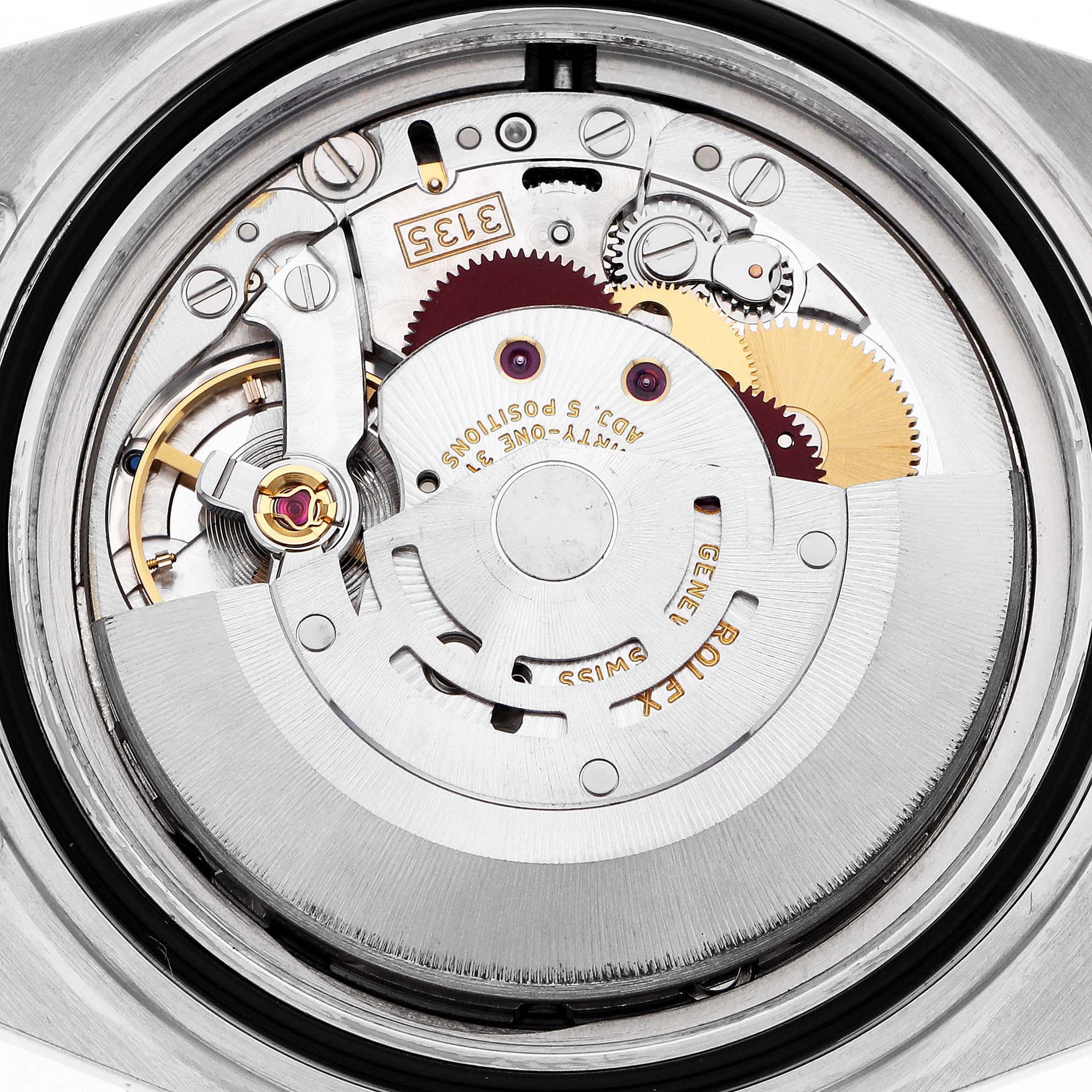 This image shows the movement of a Rolex Submariner 16610 Men's Stainless Steel Black Dial watch from the back, highlighting the rotor and gears.
