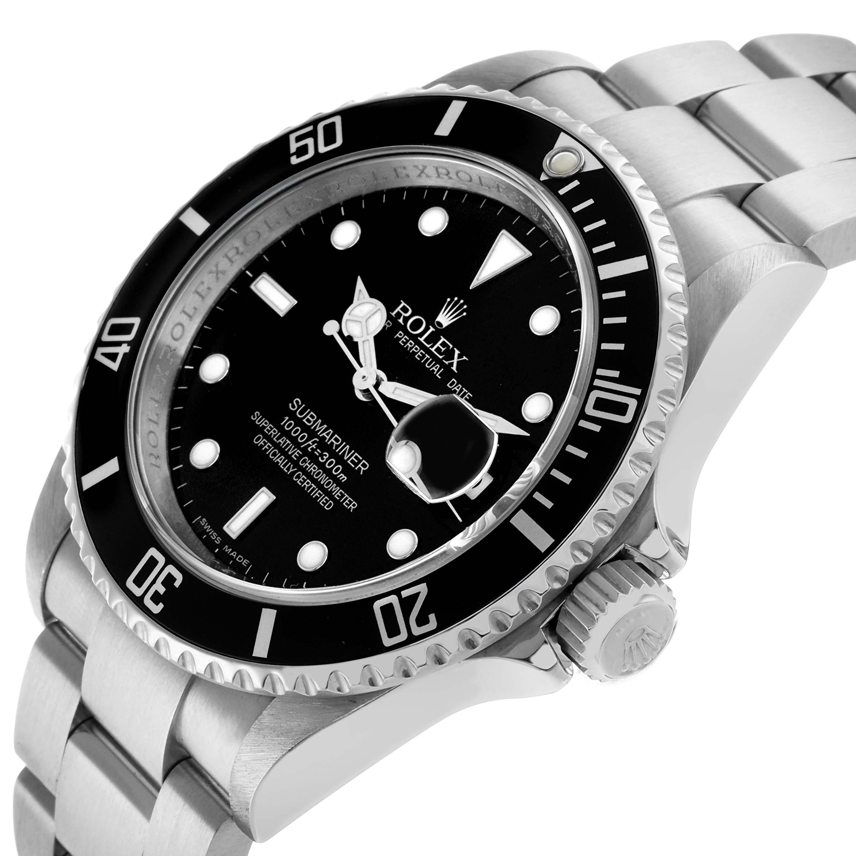The image shows a Rolex Submariner 16610 Men's Stainless Steel Black Dial watch at an angle displaying the face, bezel, crown, and part of the bracelet.