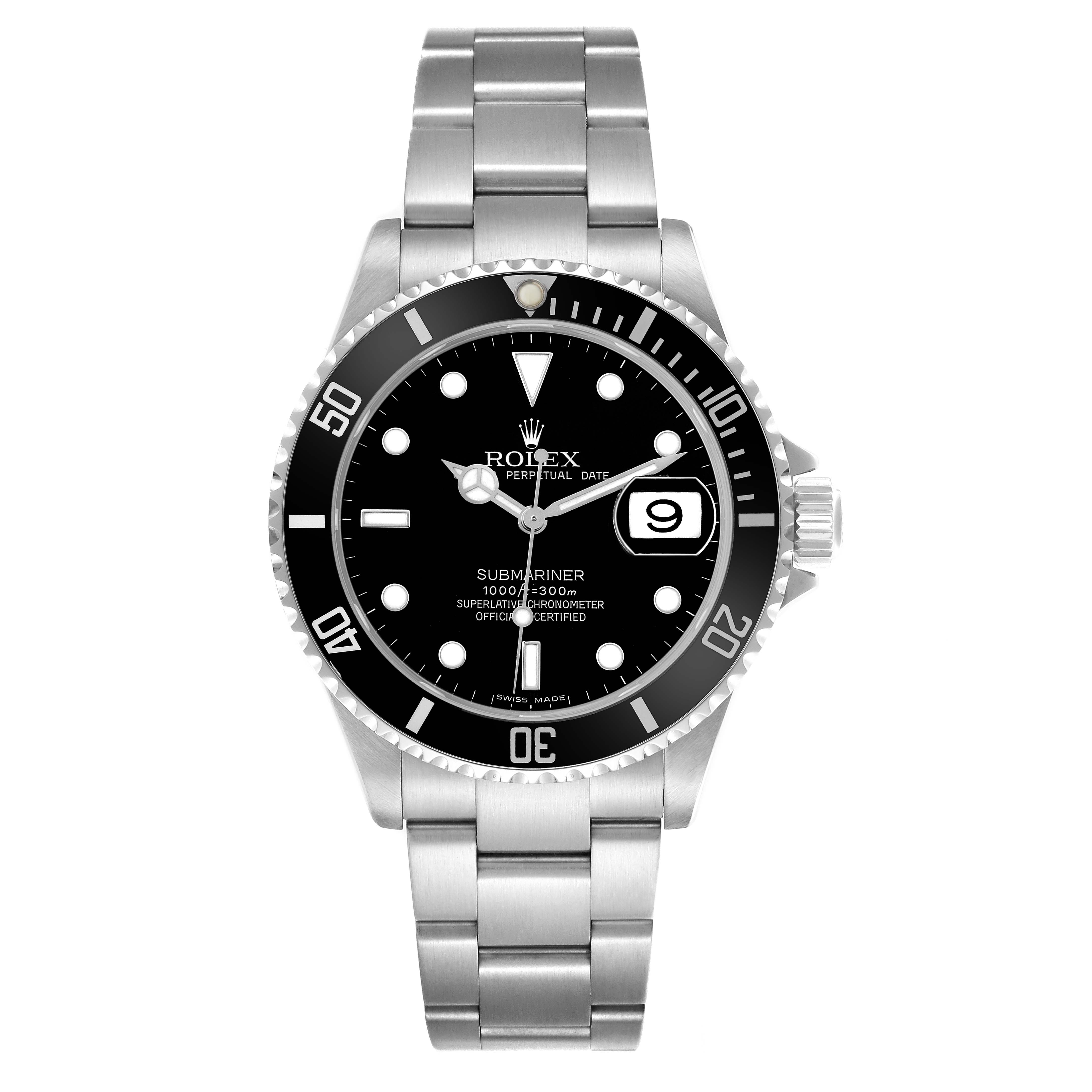 The Rolex Submariner 16610 Men's Stainless Steel Black Dial watch is shown from a front angle, highlighting the dial, bezel, and bracelet.
