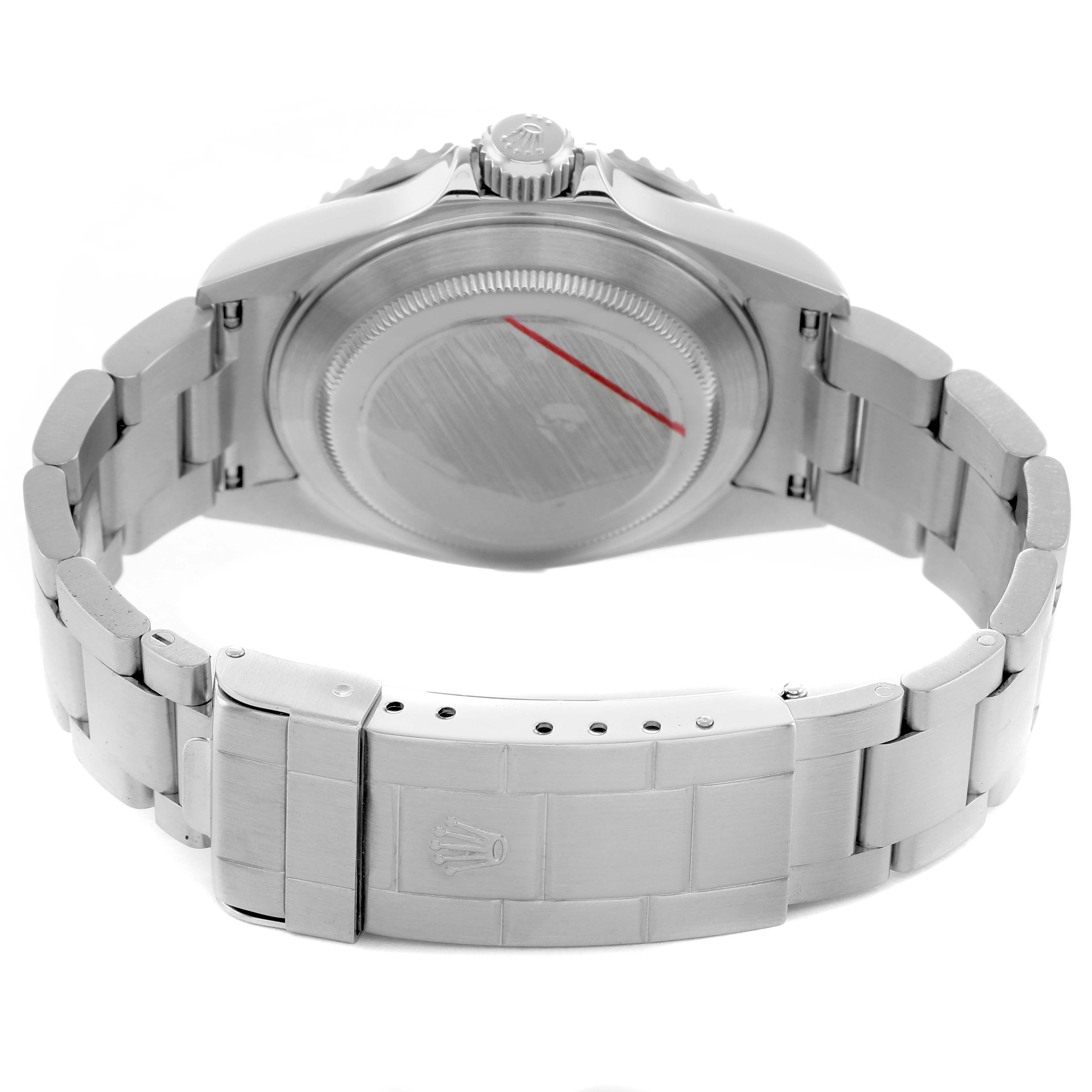 The image shows the back view of a Rolex Submariner 16610 Men's Stainless Steel Black Dial, highlighting the case back, bracelet, and clasp.