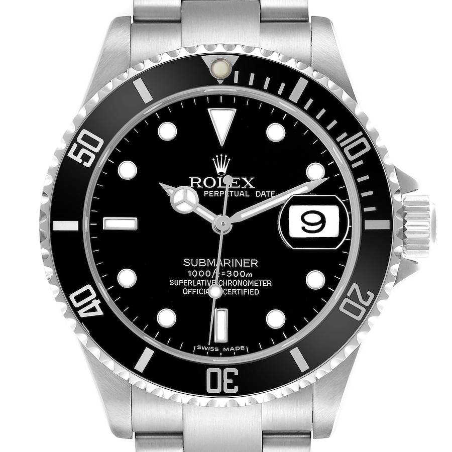 The Rolex Submariner 16610 Men's Stainless Steel Black Dial watch is shown from a front angle, displaying the face, bezel, and part of the bracelet.