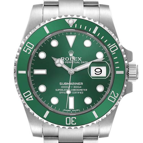 The Rolex Submariner 116610LV Men's Stainless Steel Green Dial is shown from the front, displaying its green bezel and dial, bracelet, hands, and date window.