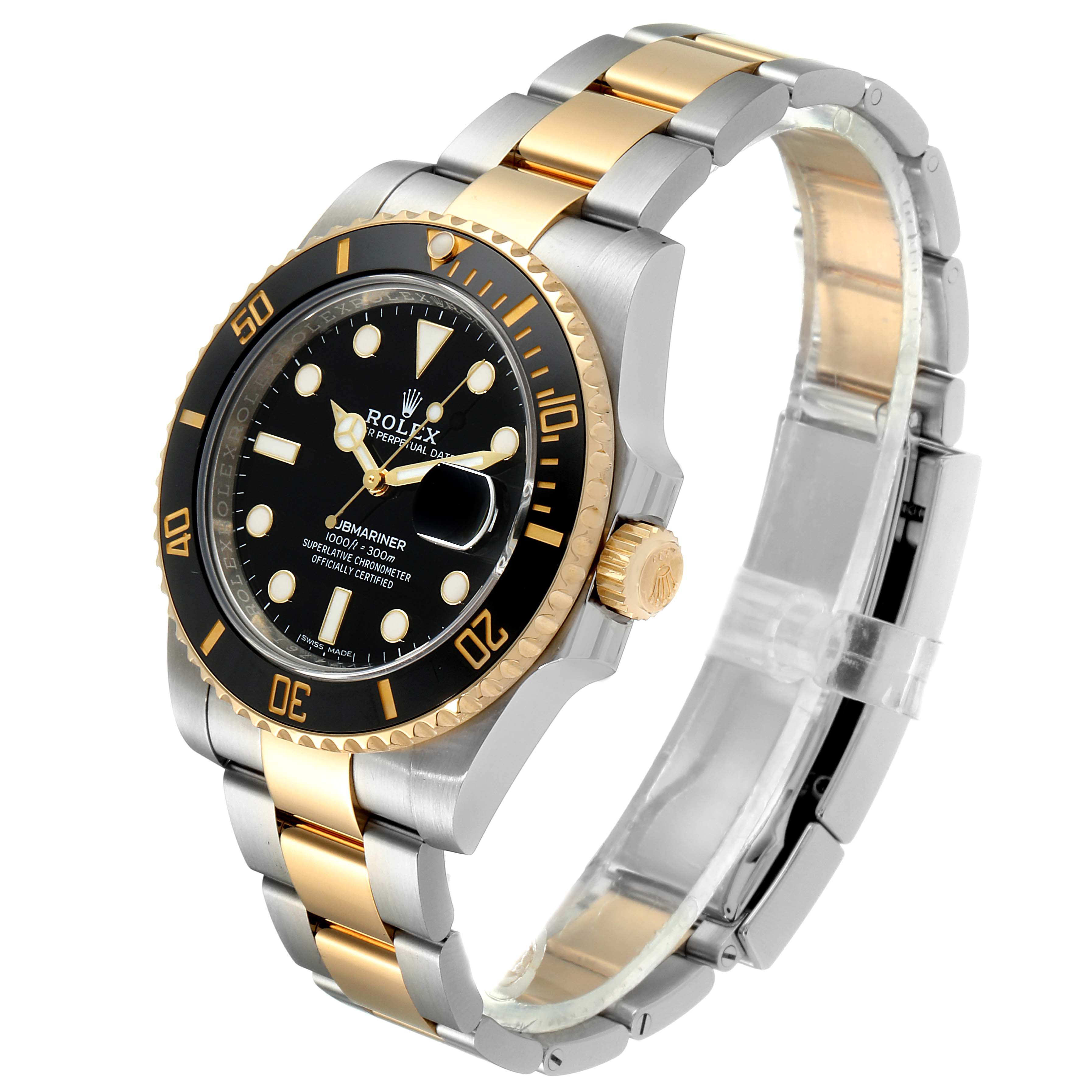 The Rolex Submariner 116613 Men's Steel and Gold (two tone) Black Dial 116613 Men's Steel and Gold (two tone) Black Dial watch is shown at a three-quarter angle, displaying its black dial, two-tone bracelet, and bezel.