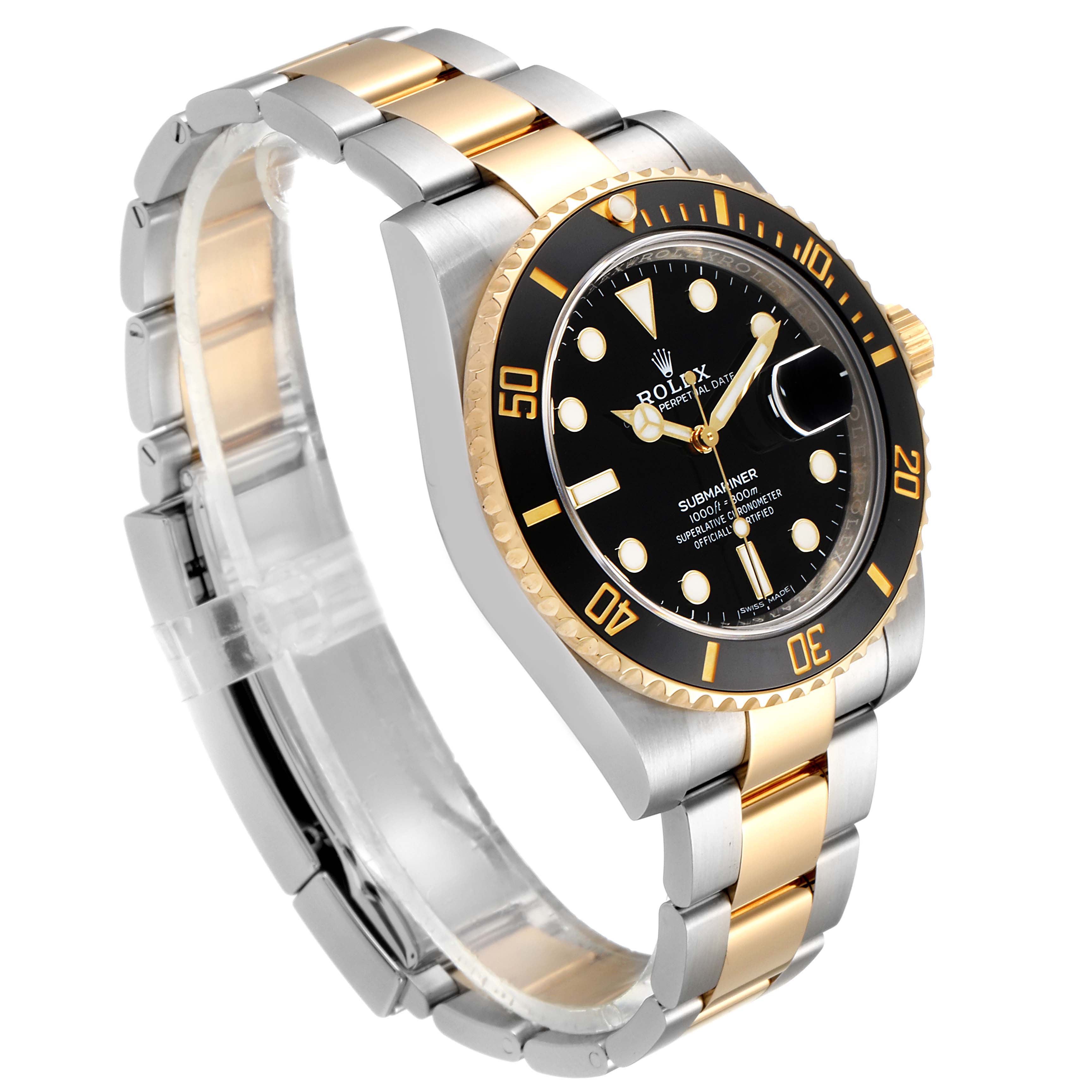 The image shows a Rolex Submariner 116613 Men's Steel and Gold (two tone) Black Dial 116613 Men's Steel and Gold (two tone) Black Dial watch at a three-quarter angle, detailing the bezel, dial, and two-tone bracelet.