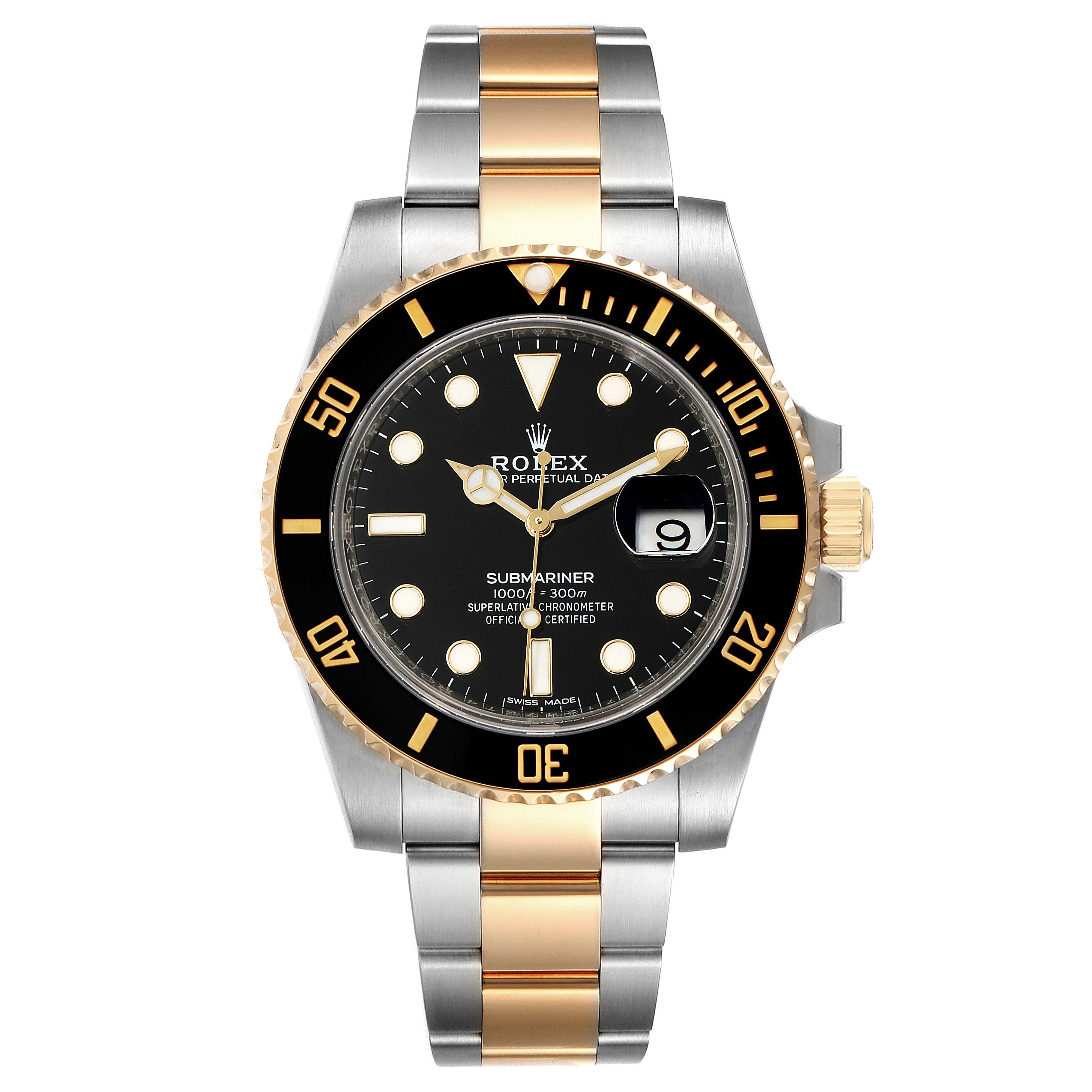 The image shows a front view of a Rolex Submariner 116613 Men's Steel and Gold (two tone) Black Dial 116613 Men's Steel and Gold (two tone) Black Dial watch with a black dial, gold and stainless steel bracelet, and date window.