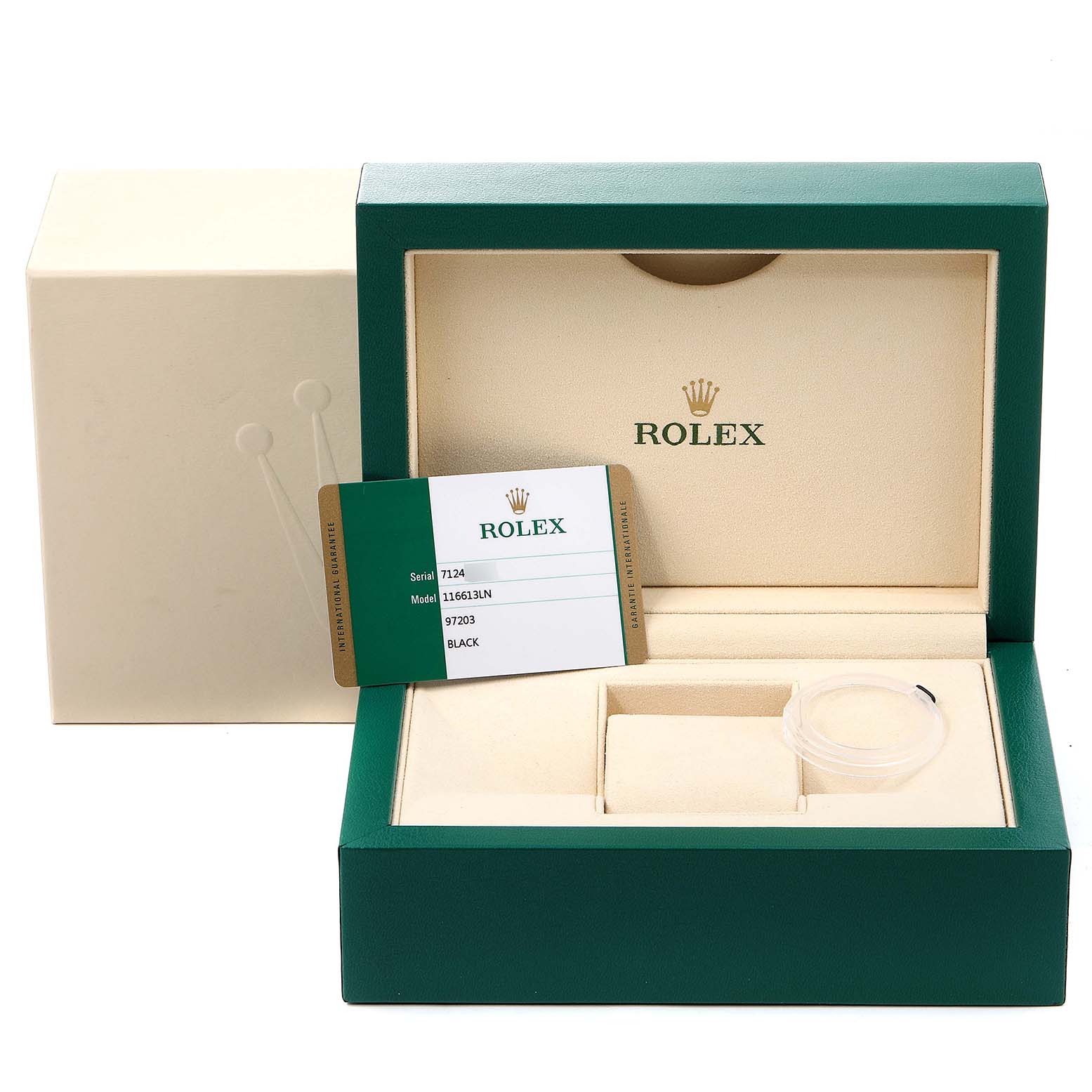 Shown is an empty Rolex Submariner 116613 Men's Steel and Gold (two tone) Black Dial 116613 Men's Steel and Gold (two tone) Black Dial model packaging box at a frontal angle, along with the serial and model information card.