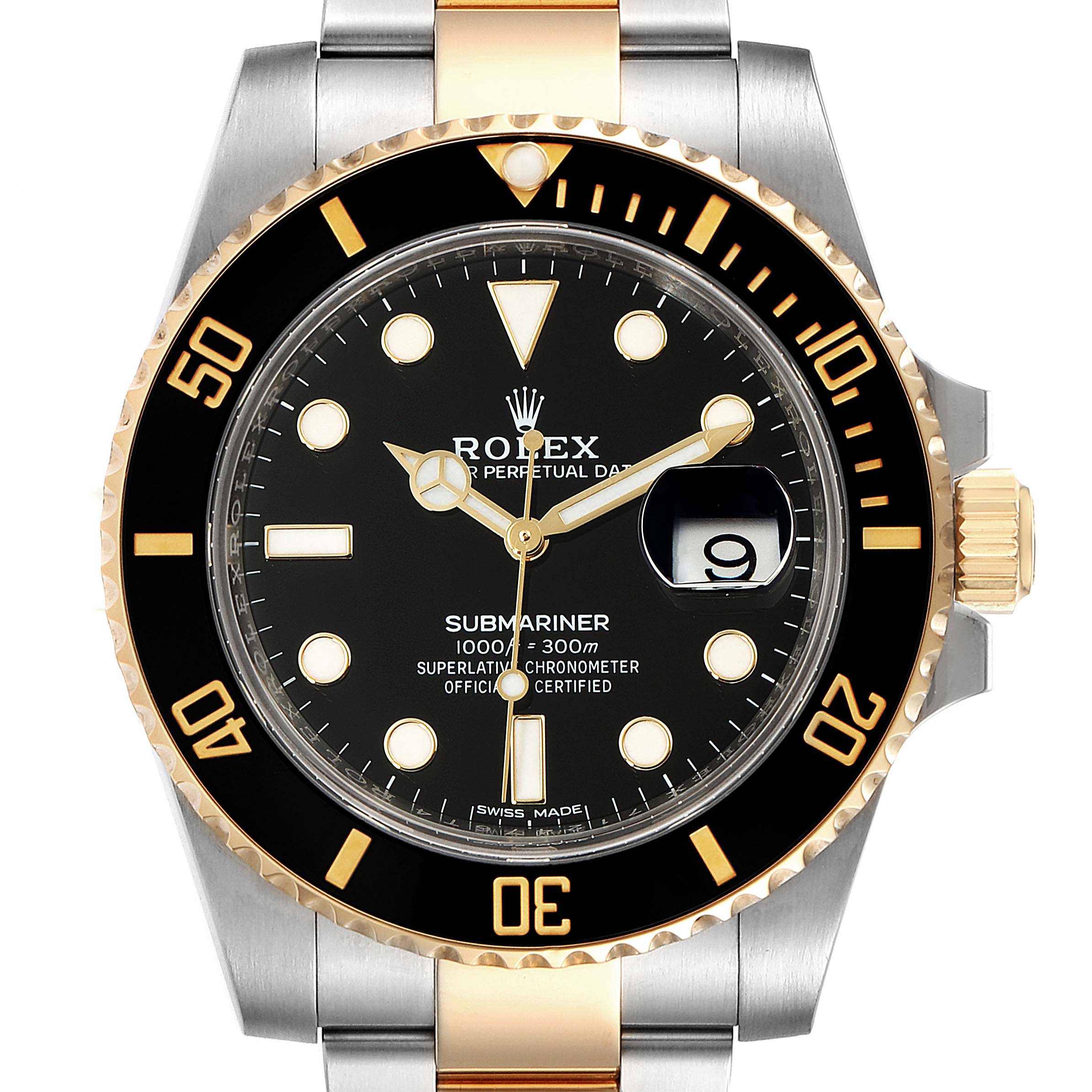 This image shows a frontal view of the Rolex Submariner 116613 Men's Steel and Gold (two tone) Black Dial 116613 Men's Steel and Gold (two tone) Black Dial, highlighting its dial, bezel, hands, and part of the bracelet.