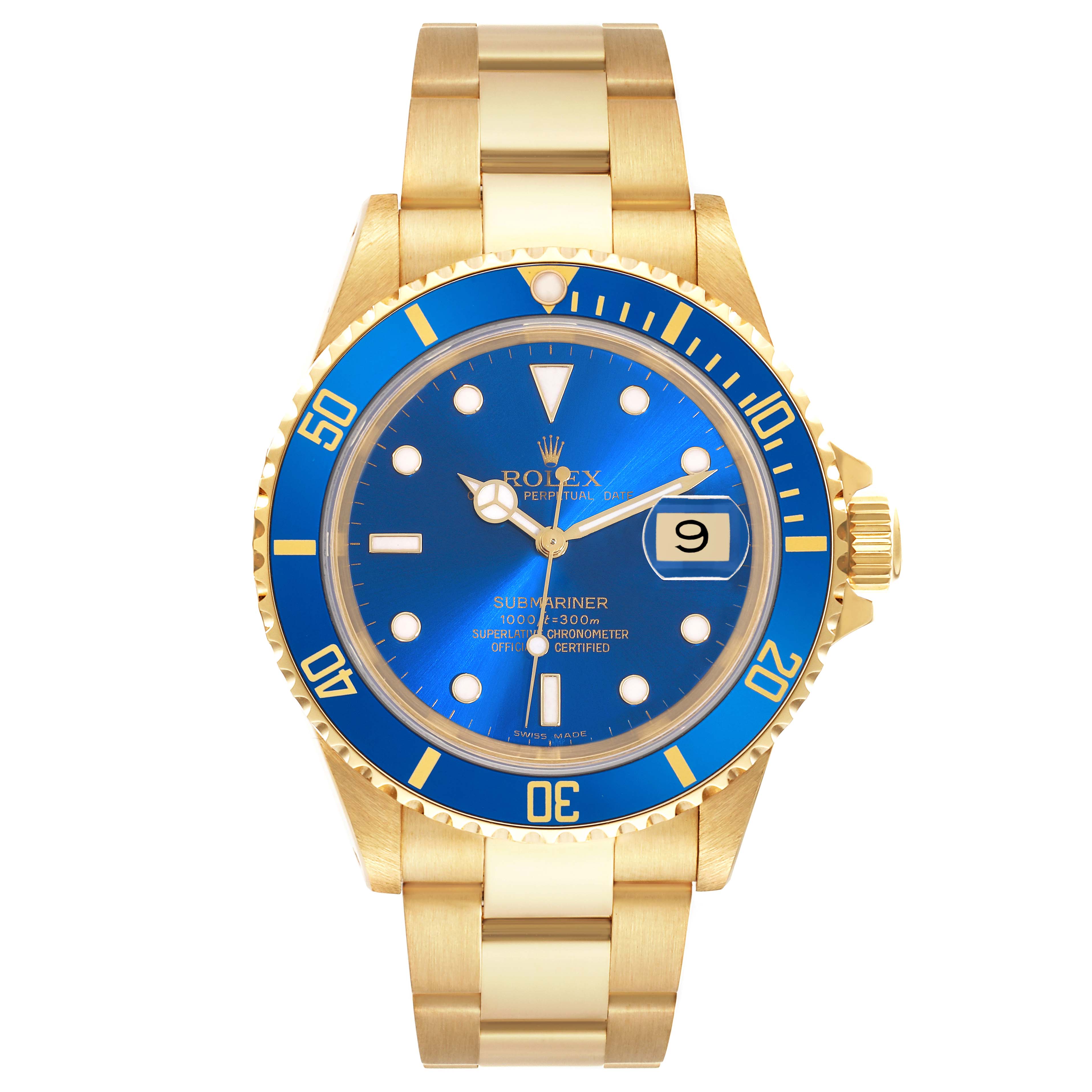 The Rolex Submariner 16618 Men's Yellow Gold Blue Dial 16618 Men's Yellow Gold Blue Dial watch is shown from a front angle, displaying its gold case, blue dial, bezel, and bracelet.