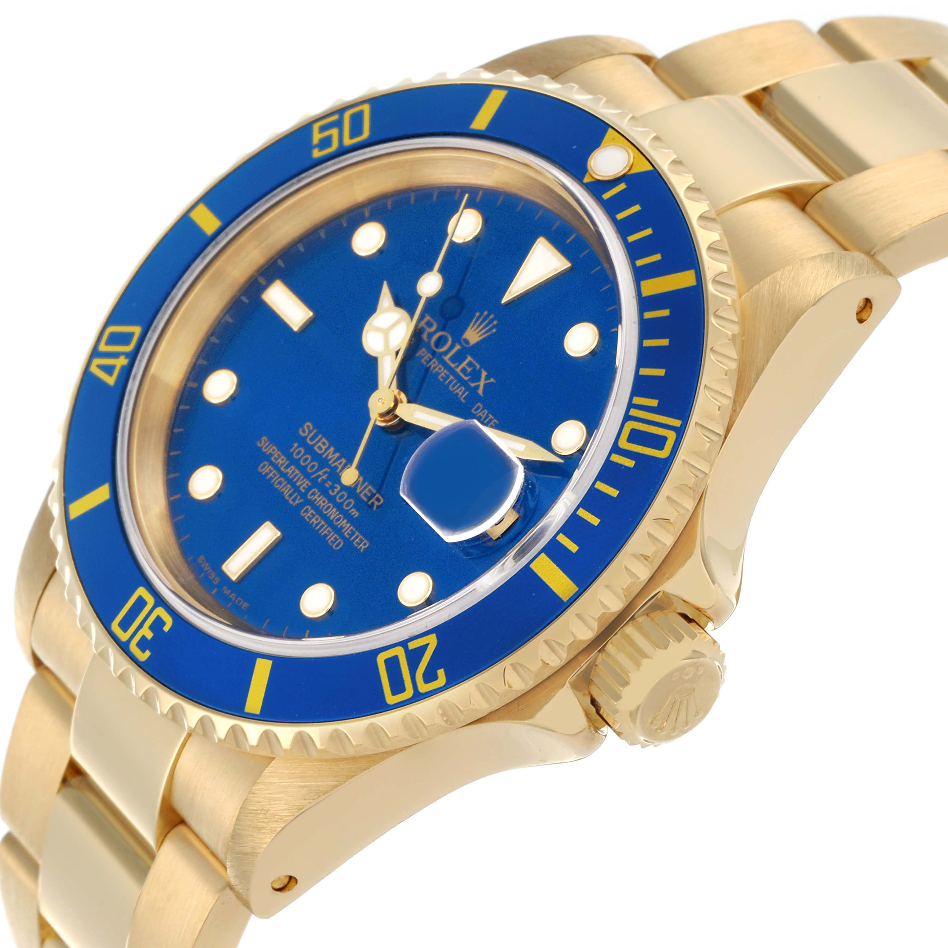 The Rolex Submariner 16618 Men's Yellow Gold Blue Dial 16618 Men's Yellow Gold Blue Dial watch is shown at a side angle, highlighting the blue dial, bezel, crown, and part of the bracelet.