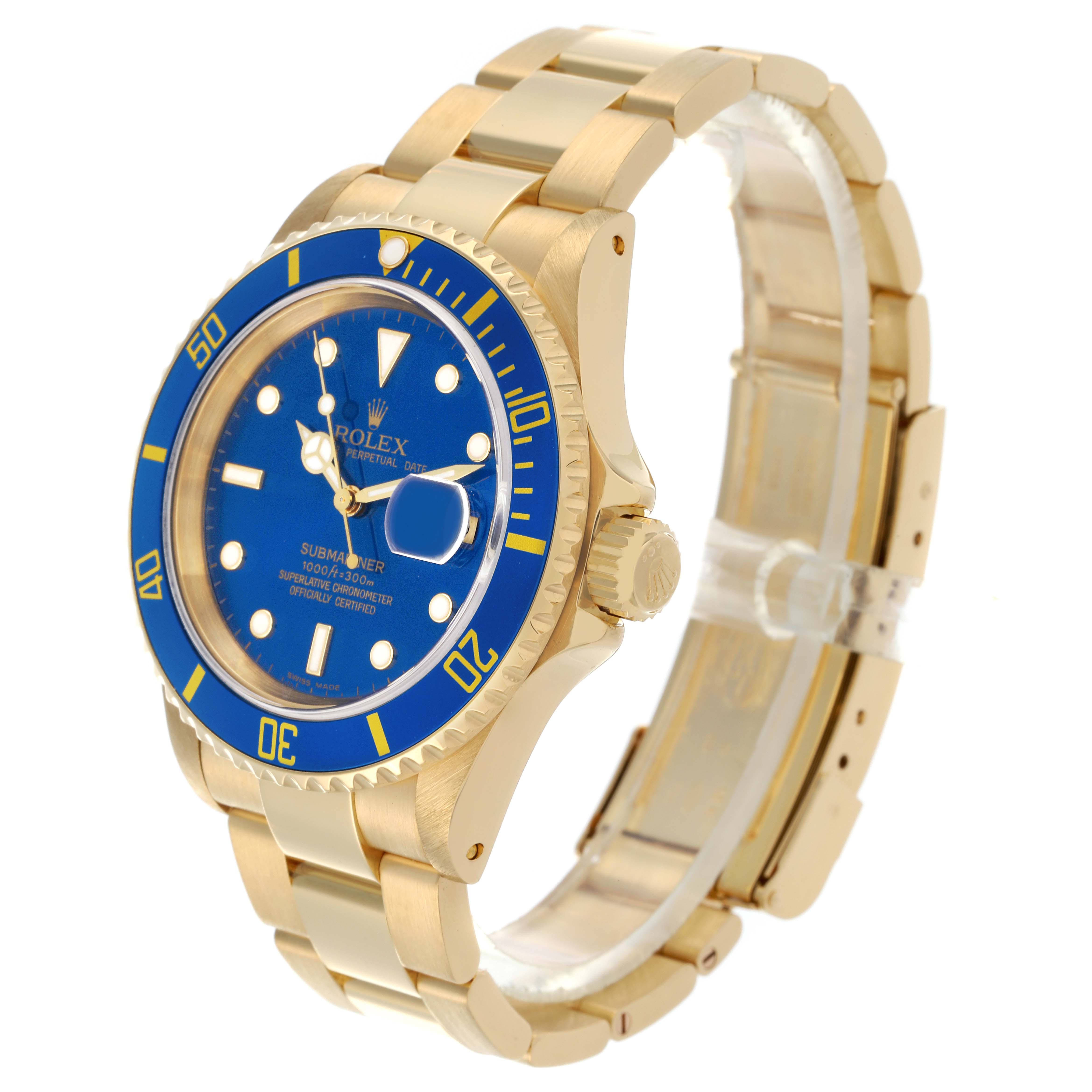 The Rolex Submariner 16618 Men's Yellow Gold Blue Dial 16618 Men's Yellow Gold Blue Dial is shown at an angled side view, displaying the face, bezel, and bracelet.