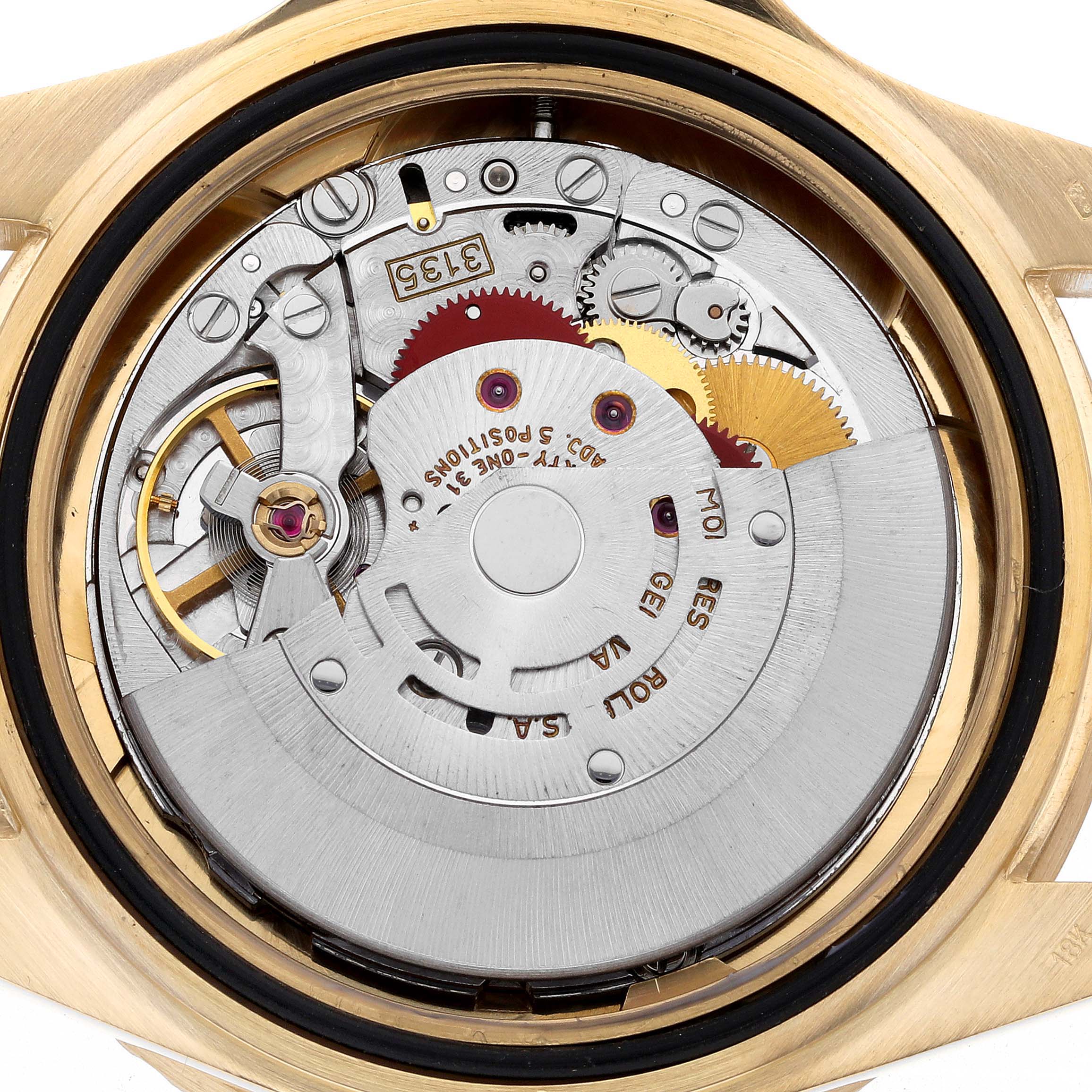 The image shows the internal movement of a Rolex Submariner 16618 Men's Yellow Gold Blue Dial 16618 Men's Yellow Gold Blue Dial, viewed from the back.