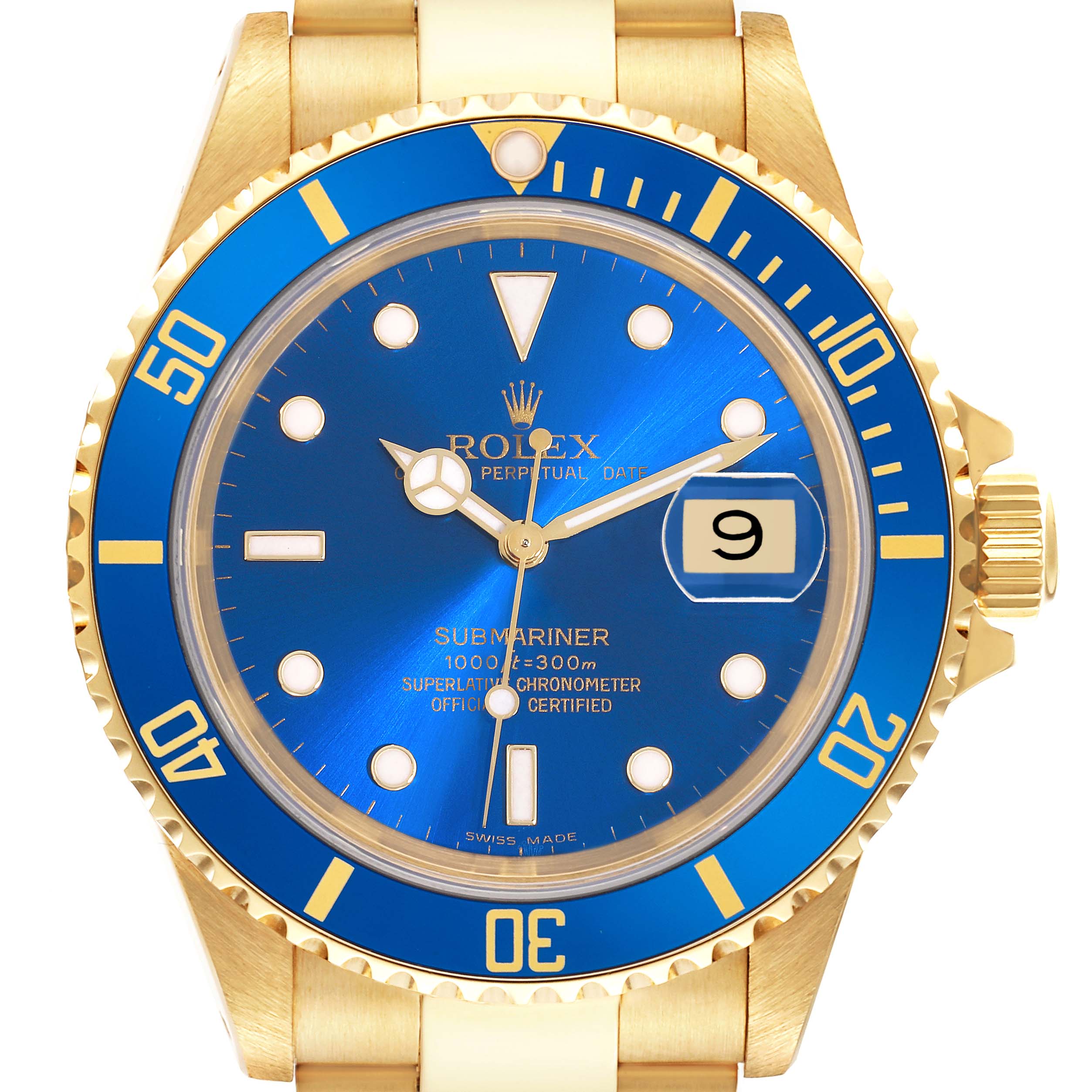 The Rolex Submariner 16618 Men's Yellow Gold Blue Dial 16618 Men's Yellow Gold Blue Dial watch is shown from the front, highlighting the dial, bezel, and crown in a gold and blue color scheme.