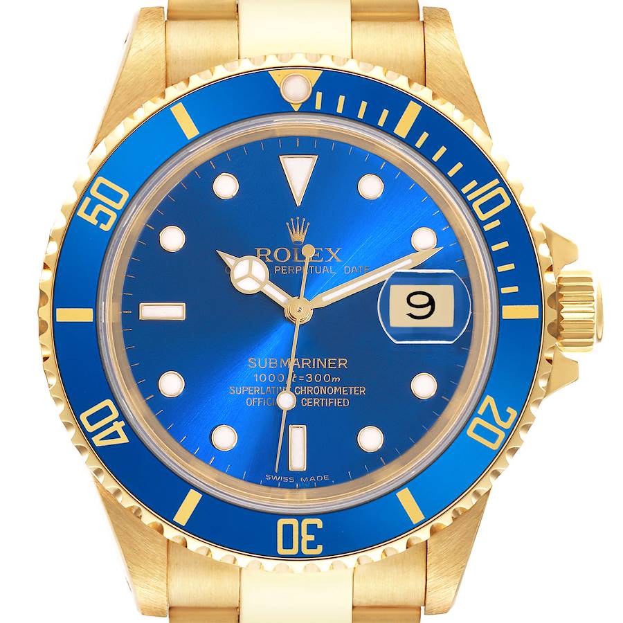 The Rolex Submariner watch is shown from the front, highlighting the dial, bezel, and crown in a gold and blue color scheme.