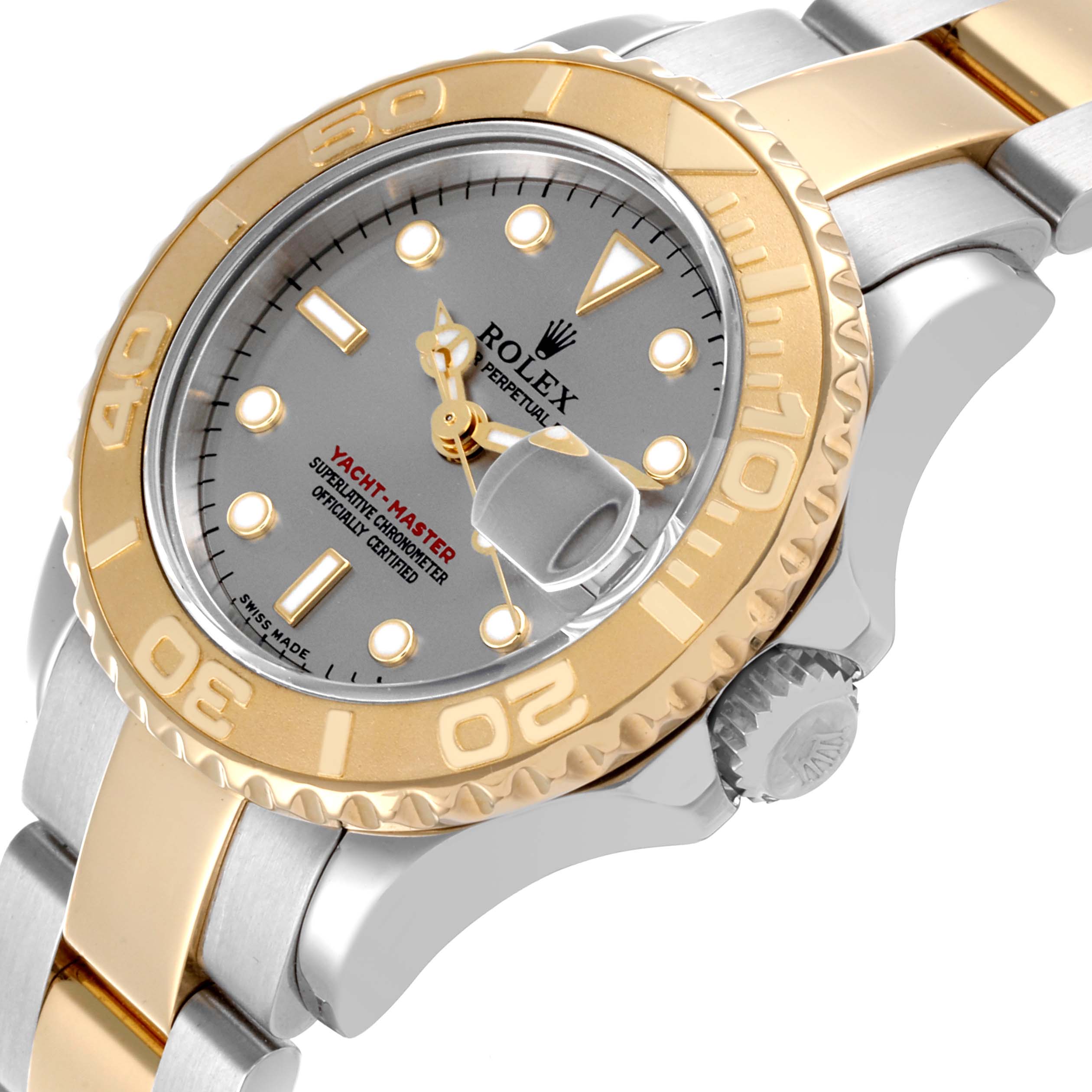 The image shows a Rolex Yacht-Master 169623 Women's Steel and Gold (two tone) Silver Dial 169623 Women's Steel and Gold (two tone) Silver Dial watch at an angled view, highlighting the bezel, dial, and bracelet details.