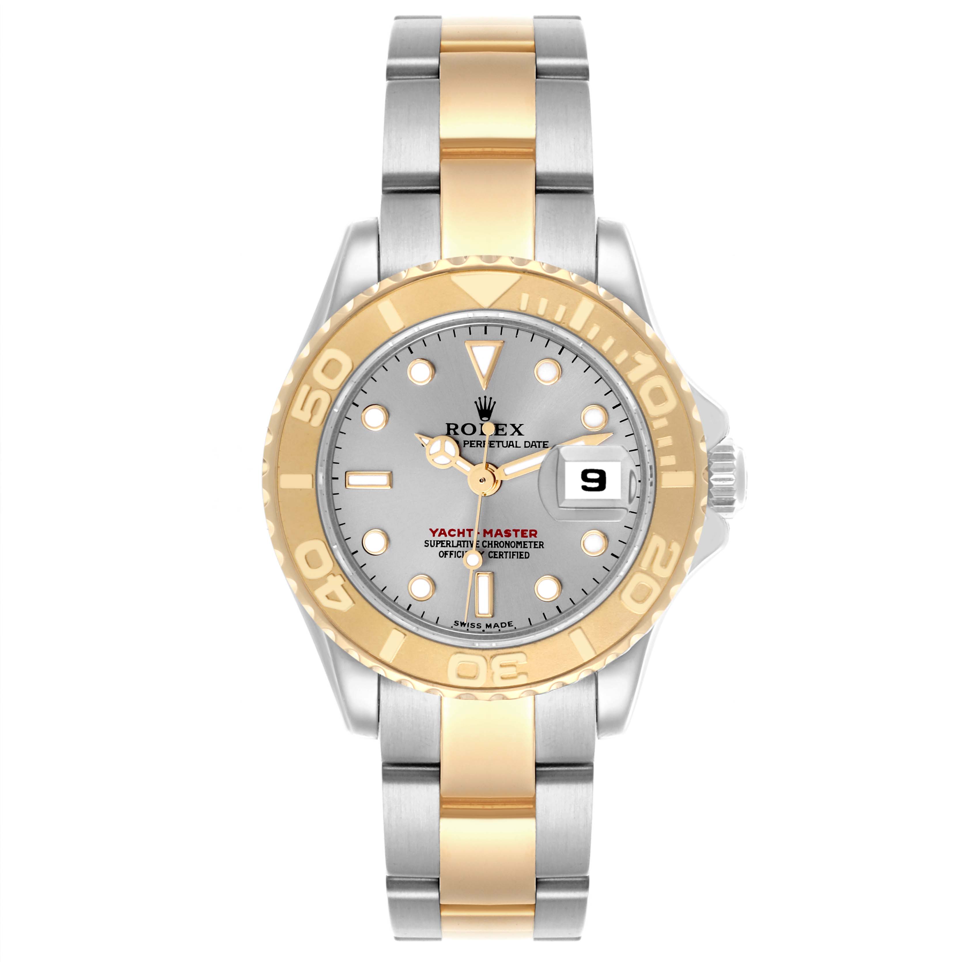 The Rolex Yacht-Master 169623 Women's Steel and Gold (two tone) Silver Dial 169623 Women's Steel and Gold (two tone) Silver Dial watch is shown from a top-down angle, highlighting the bezel, dial, and two-tone bracelet.
