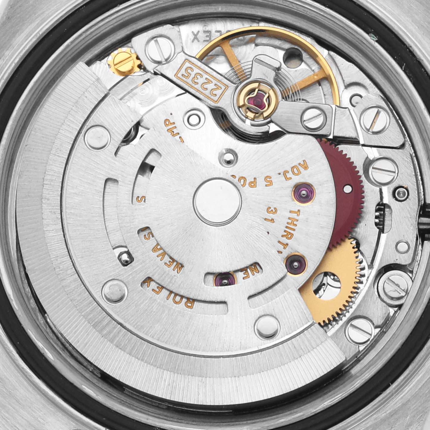 The image shows a close-up of the movement mechanism of a Rolex Yacht-Master 169623 Women's Steel and Gold (two tone) Silver Dial 169623 Women's Steel and Gold (two tone) Silver Dial watch from the back.