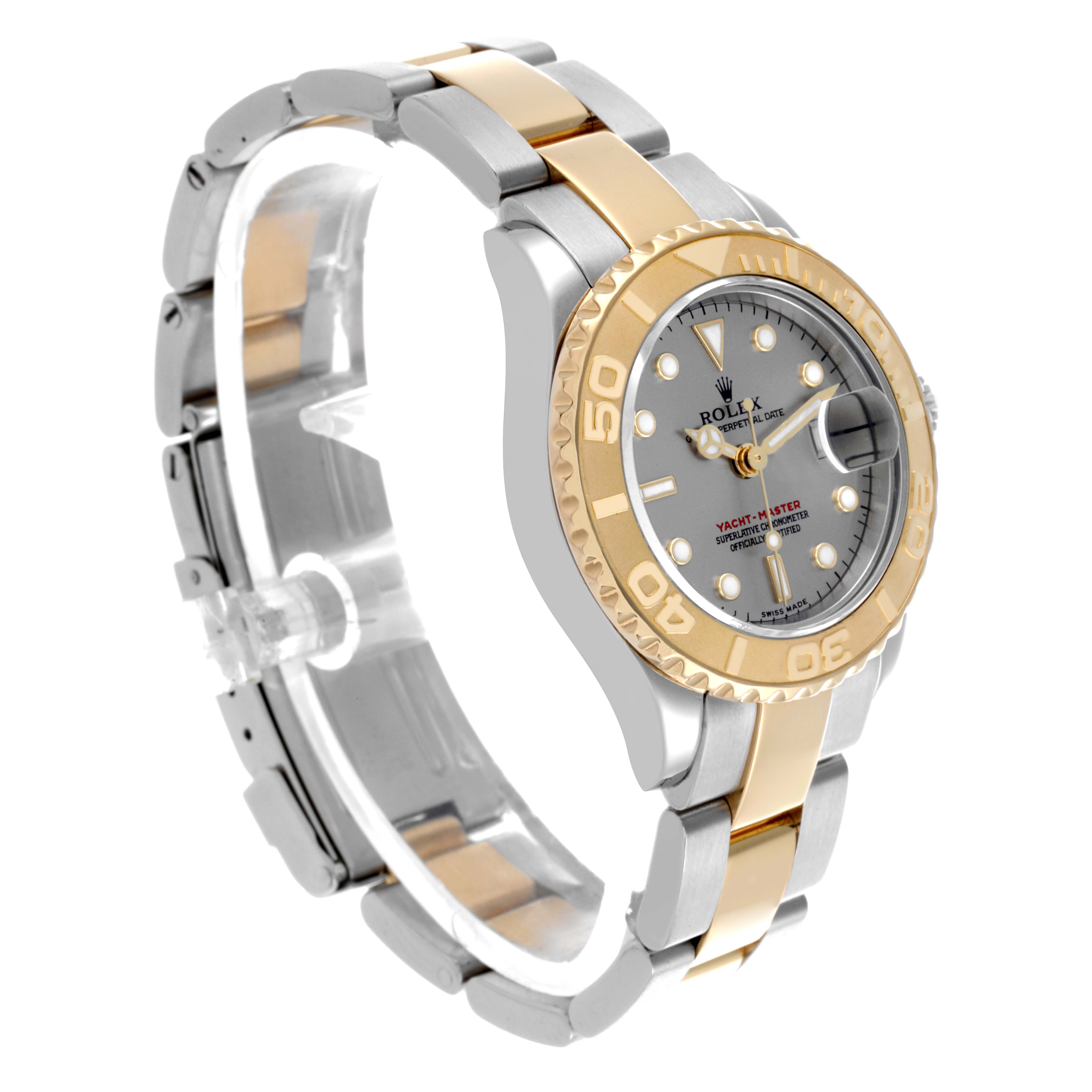 The Rolex Yacht-Master 169623 Women's Steel and Gold (two tone) Silver Dial 169623 Women's Steel and Gold (two tone) Silver Dial watch is shown at a side angle, highlighting the face, bezel, and bracelet.