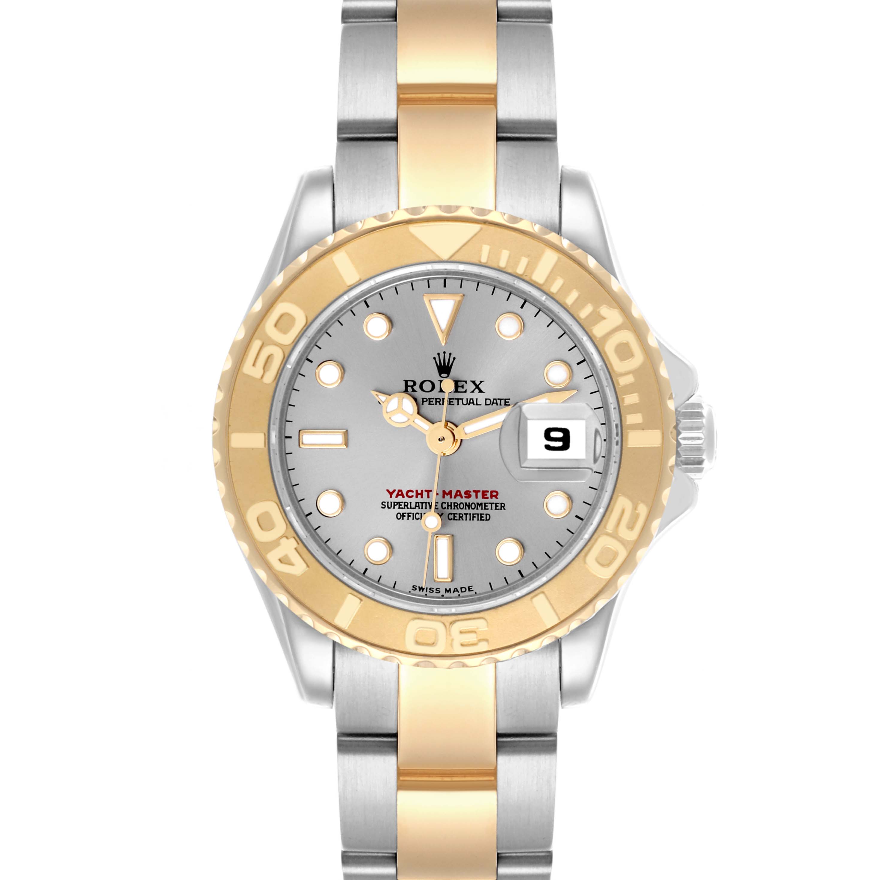 The Rolex Yacht-Master 169623 Women's Steel and Gold (two tone) Silver Dial 169623 Women's Steel and Gold (two tone) Silver Dial watch is shown from the front, highlighting the dial, bezel, and bracelet.