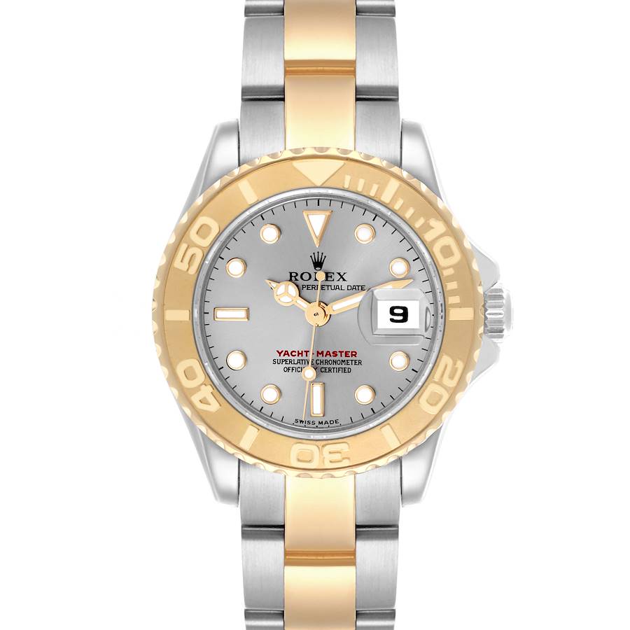 The Rolex Yacht-Master watch is shown from the front, highlighting the dial, bezel, and bracelet.