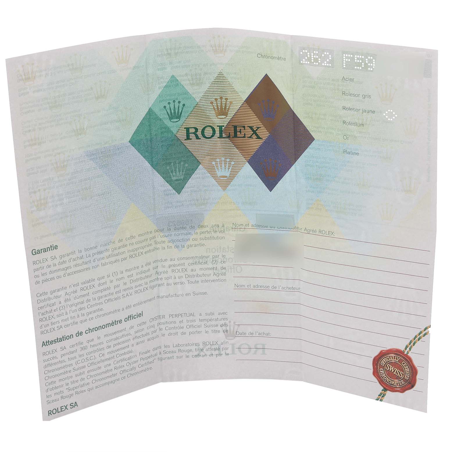 The image shows an open Rolex warranty card booklet, likely for a Rolex Yacht-Master 169623 Women's Steel and Gold (two tone) Silver Dial 169623 Women's Steel and Gold (two tone) Silver Dial watch model.