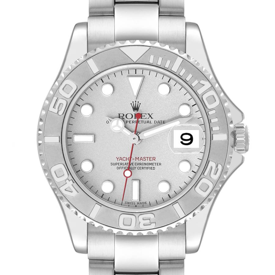 The Rolex Yacht-Master watch is shown from a straight-on angle, highlighting the dial, bezel, and part of the bracelet.